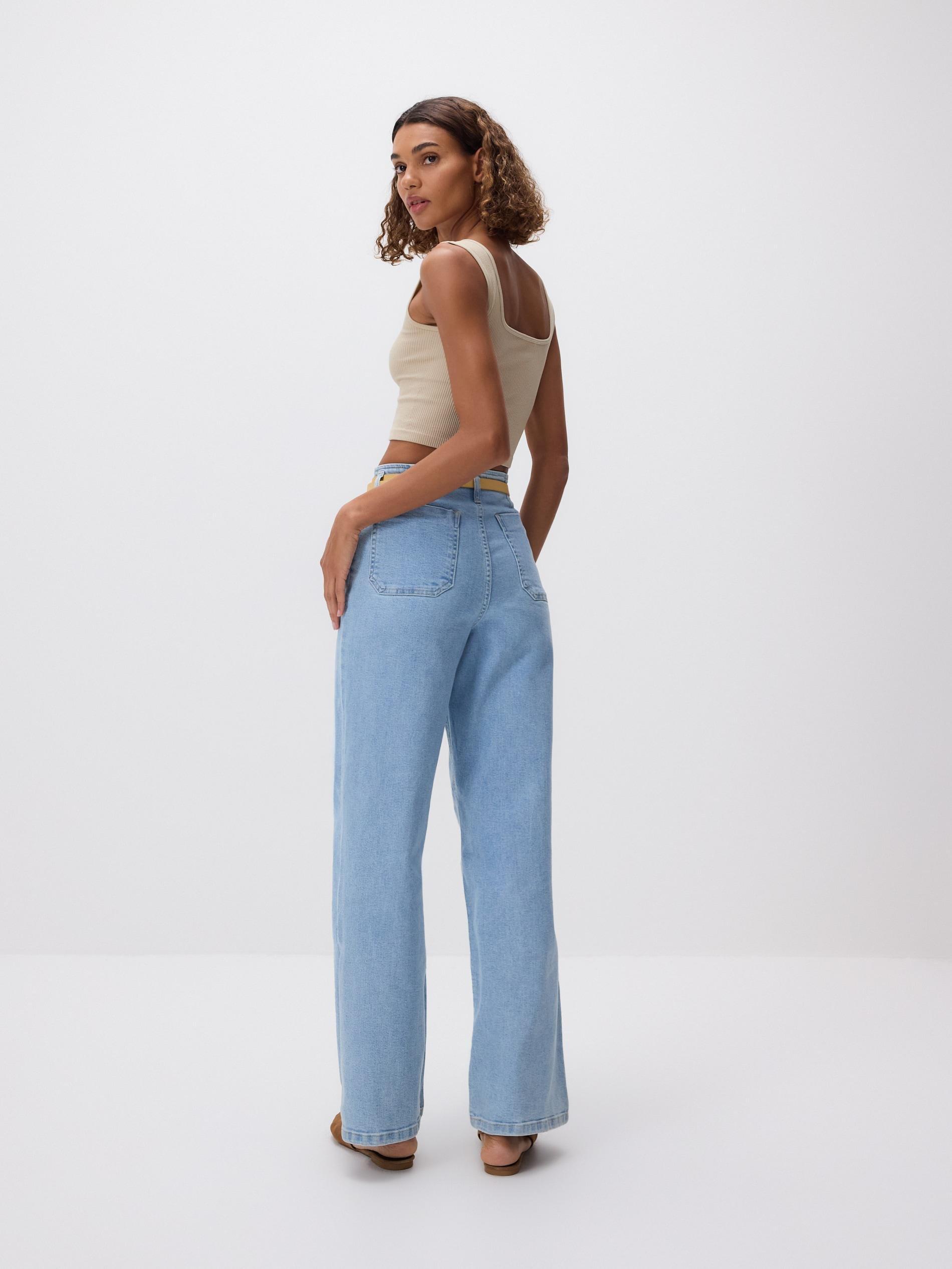 Blue Wide Leg Jeans With Belt, Blue, large image number 2