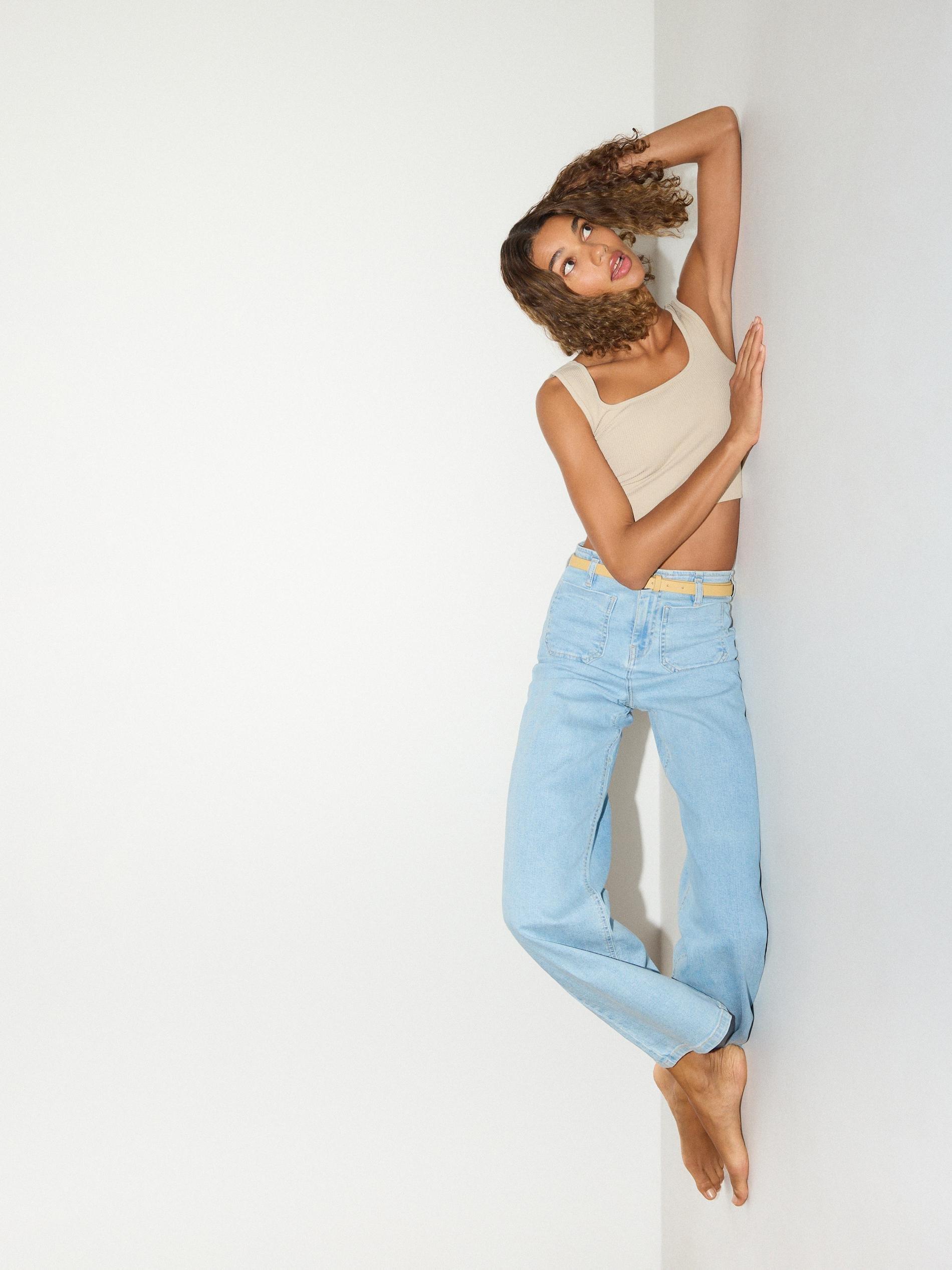Blue Wide Leg Jeans With Belt, Blue, large image number 3
