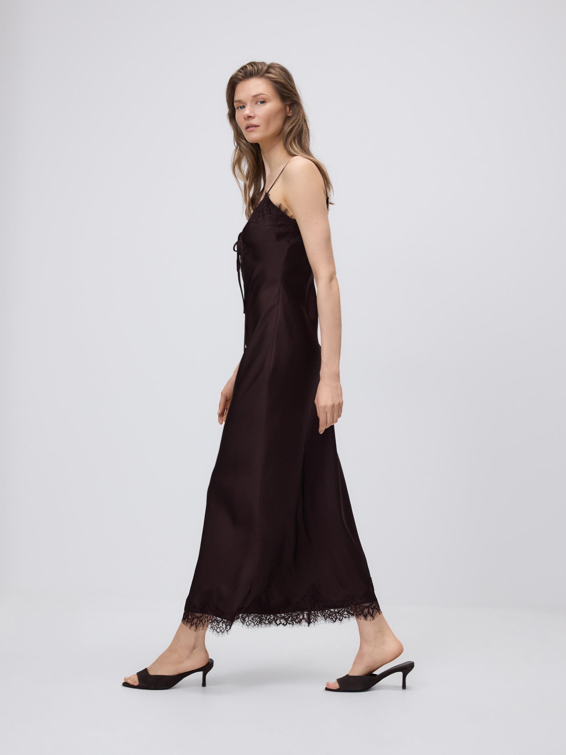 Brown Dress With Lace Detailing, Brown, large image number 0