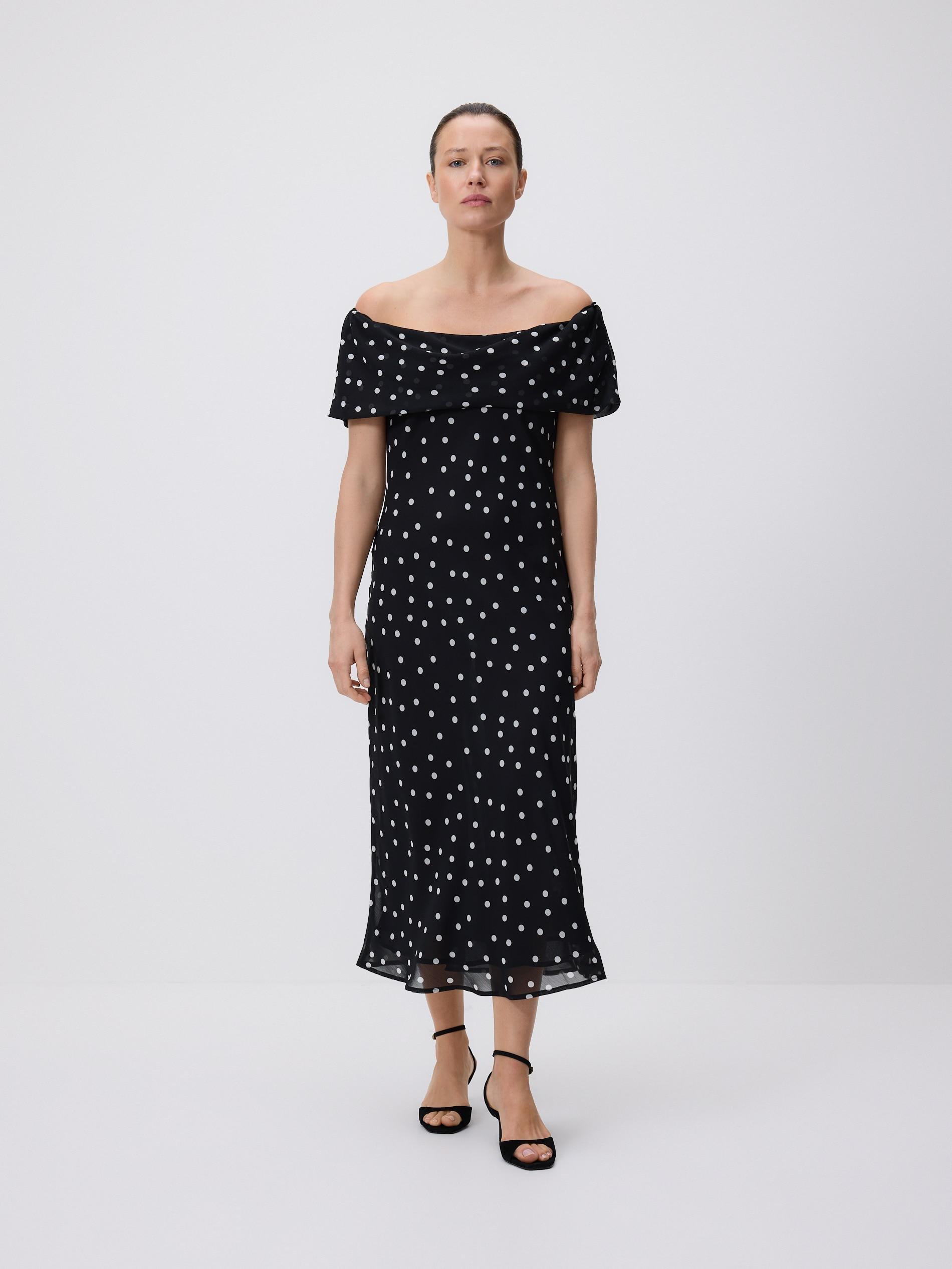 Brown Polka Dot Midi Dress, Brown, large image number 1