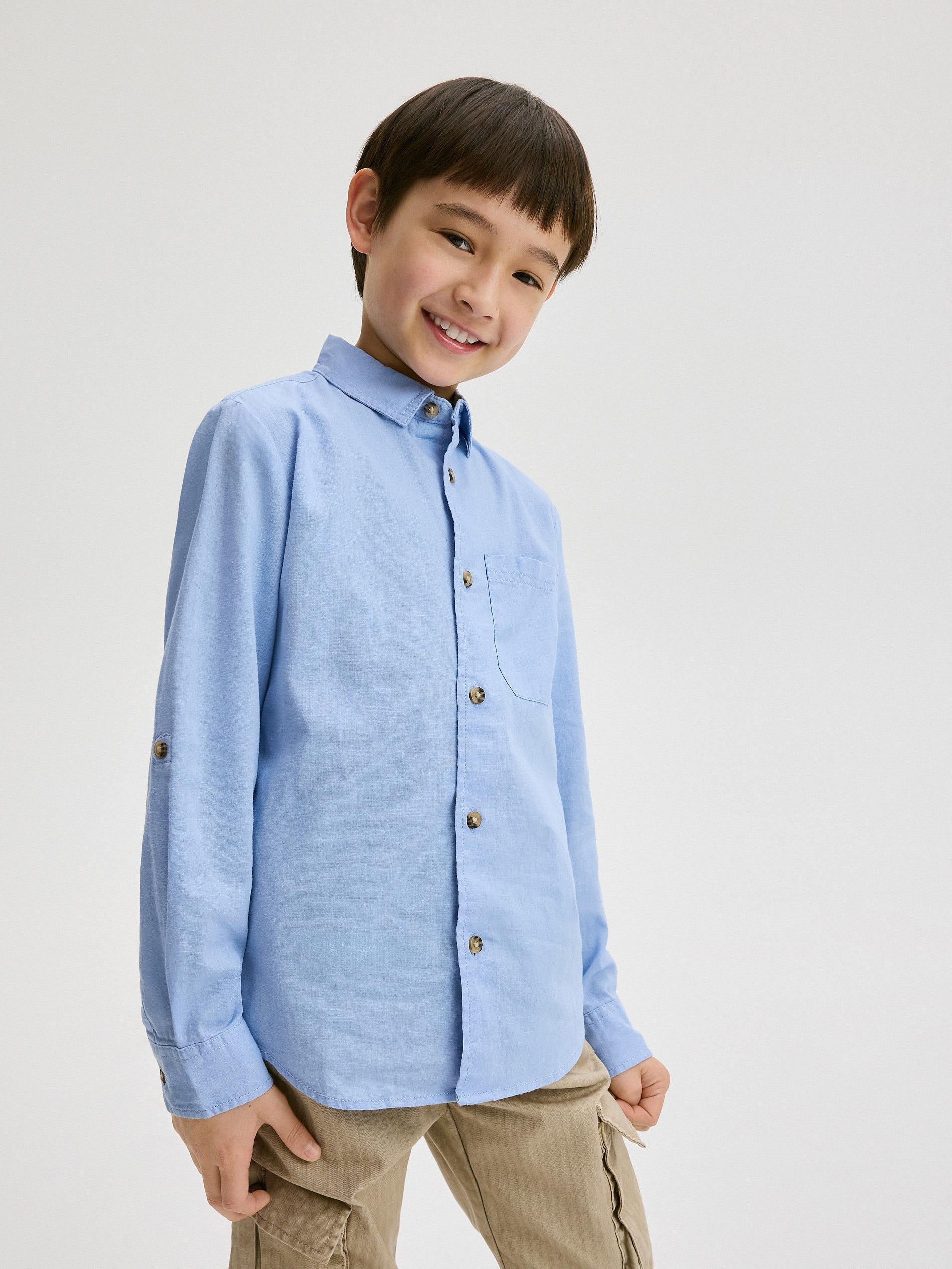 Blue Linen Shirt, Kids Boys, Blue, large image number 1