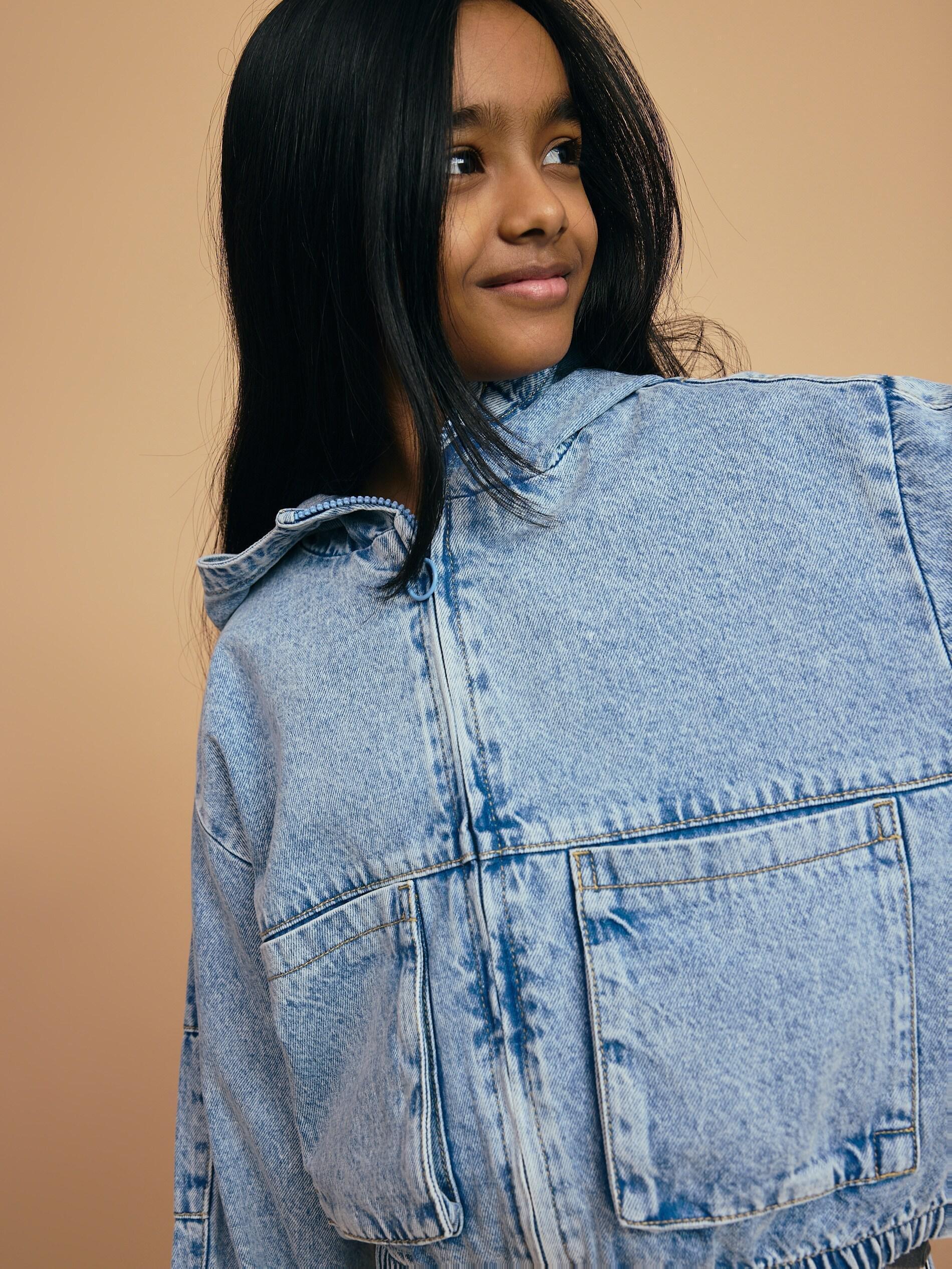 Blue Hooded Denim Jacket, Blue, large image number 1