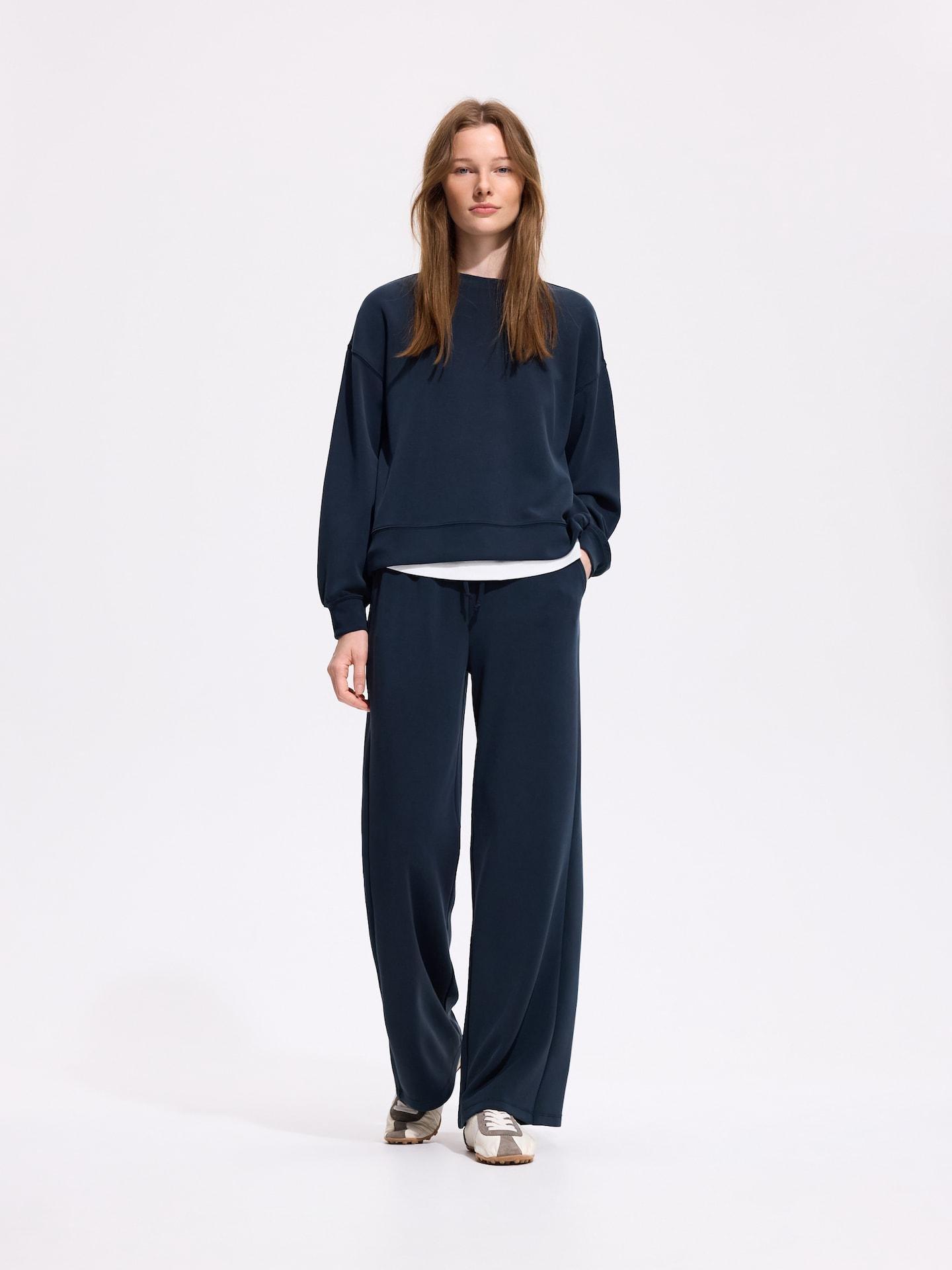 Blue Wide-Leg Modal Blend Trousers, Navy, medium