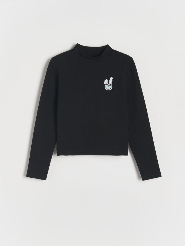Black Detailed Round Neck T-Shirtm, Kids Girls, , large image number 0