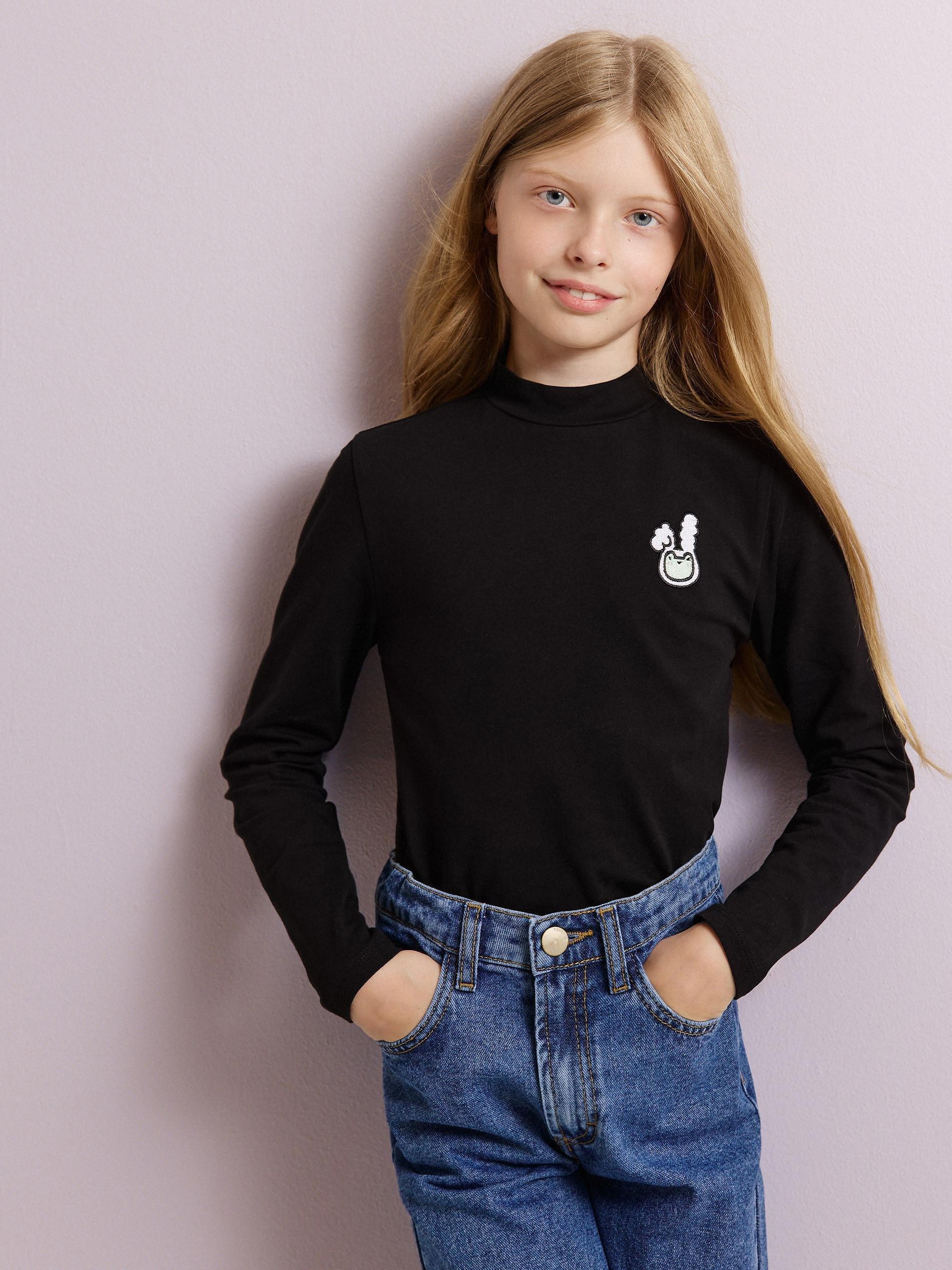 Black Detailed Round Neck T-Shirtm, Kids Girls, , large image number 3