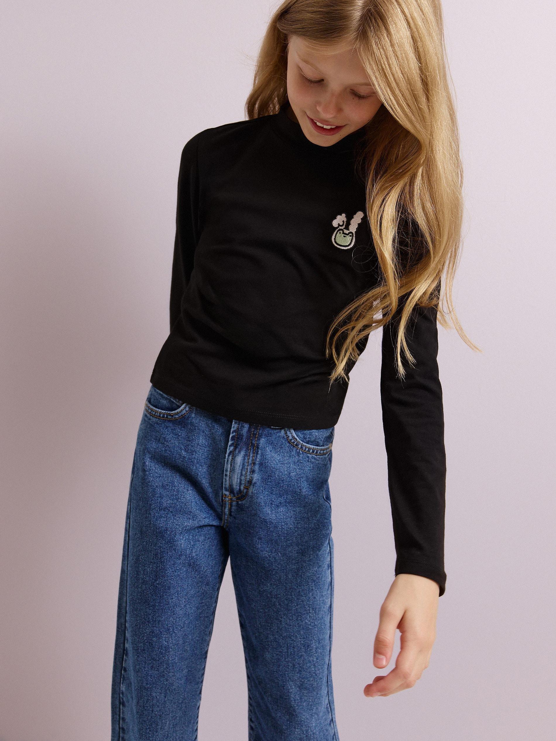 Black Detailed Round Neck T-Shirtm, Kids Girls, , large image number 4