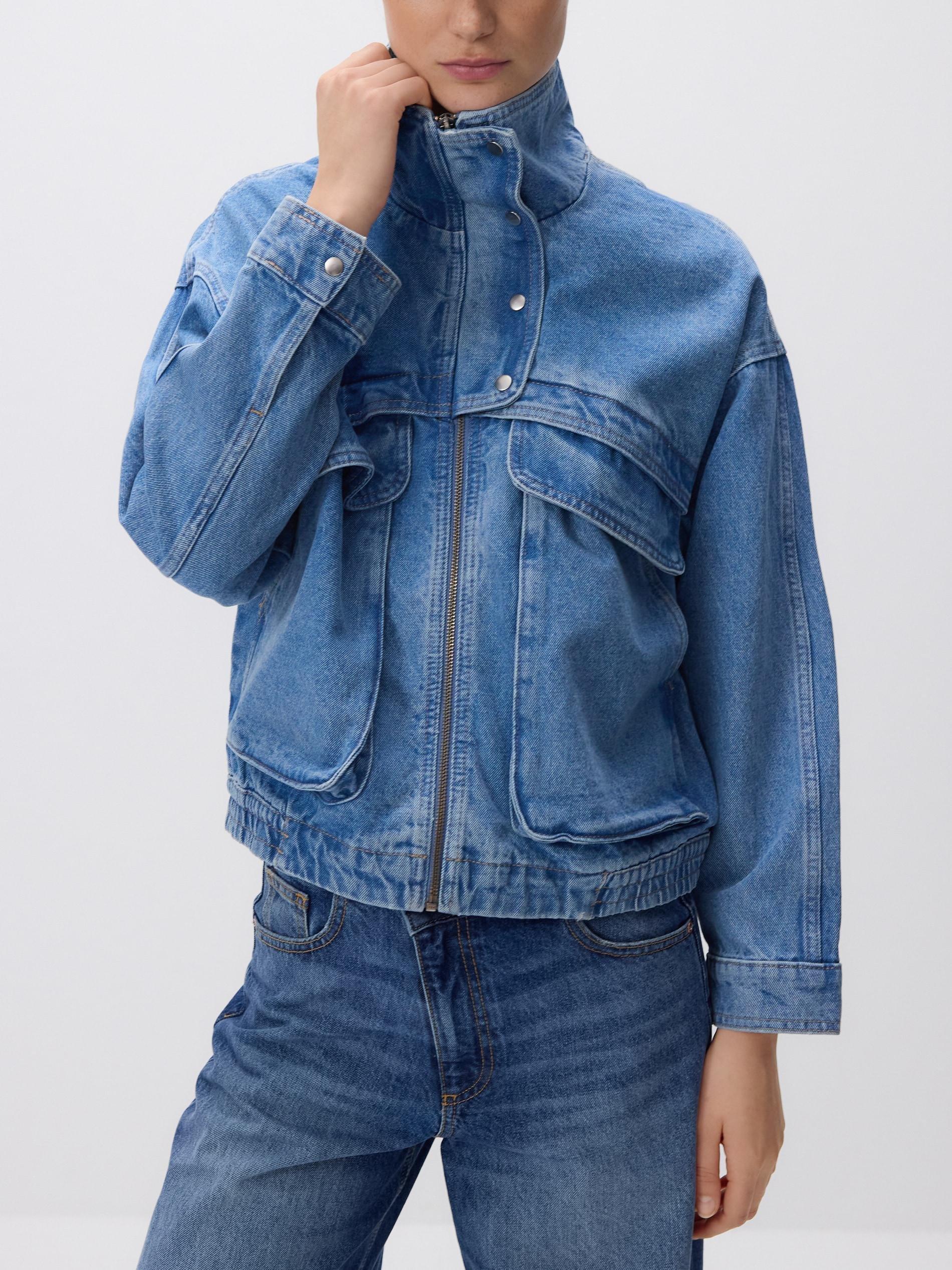 Blue Jeans Denim Jacket With Stand Up Collar, Blue, medium