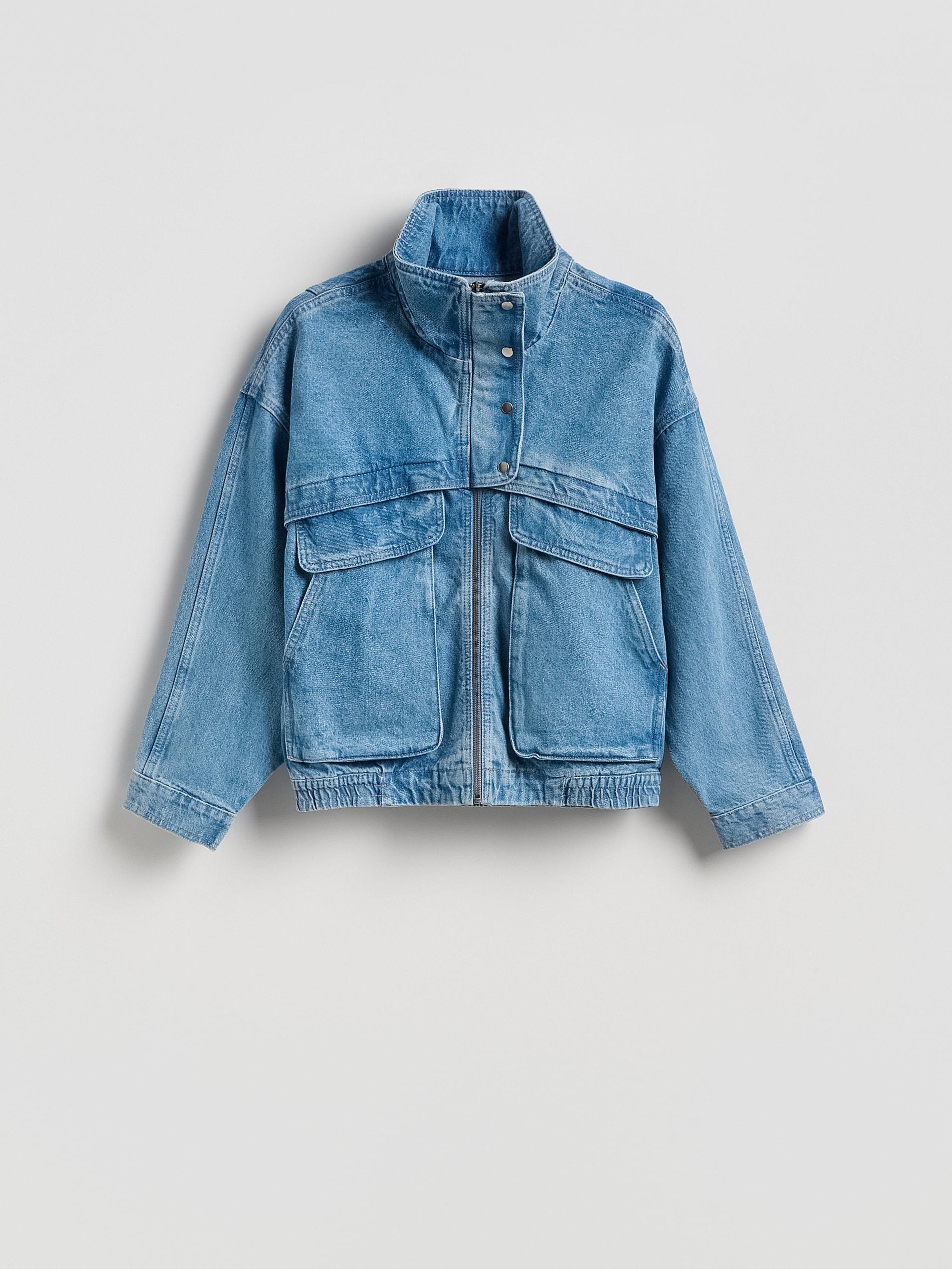 Blue Jeans Denim Jacket With Stand Up Collar, Blue, large image number 3