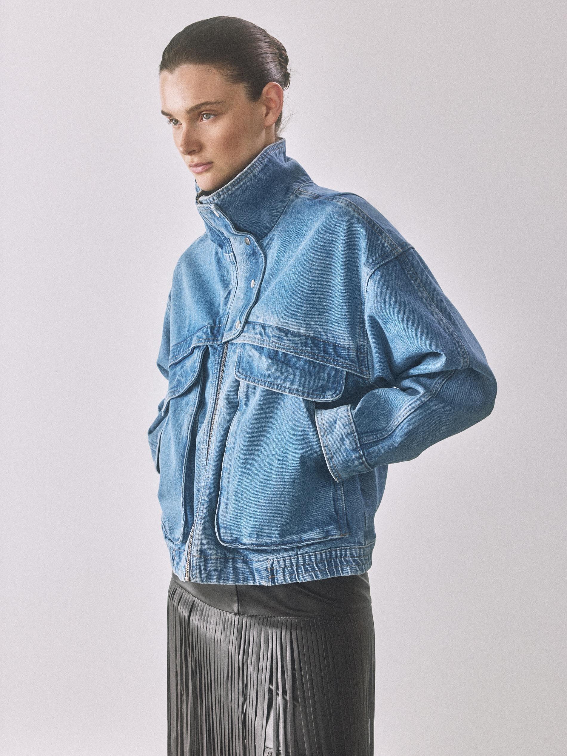 Blue Jeans Denim Jacket With Stand Up Collar, Blue, large image number 6