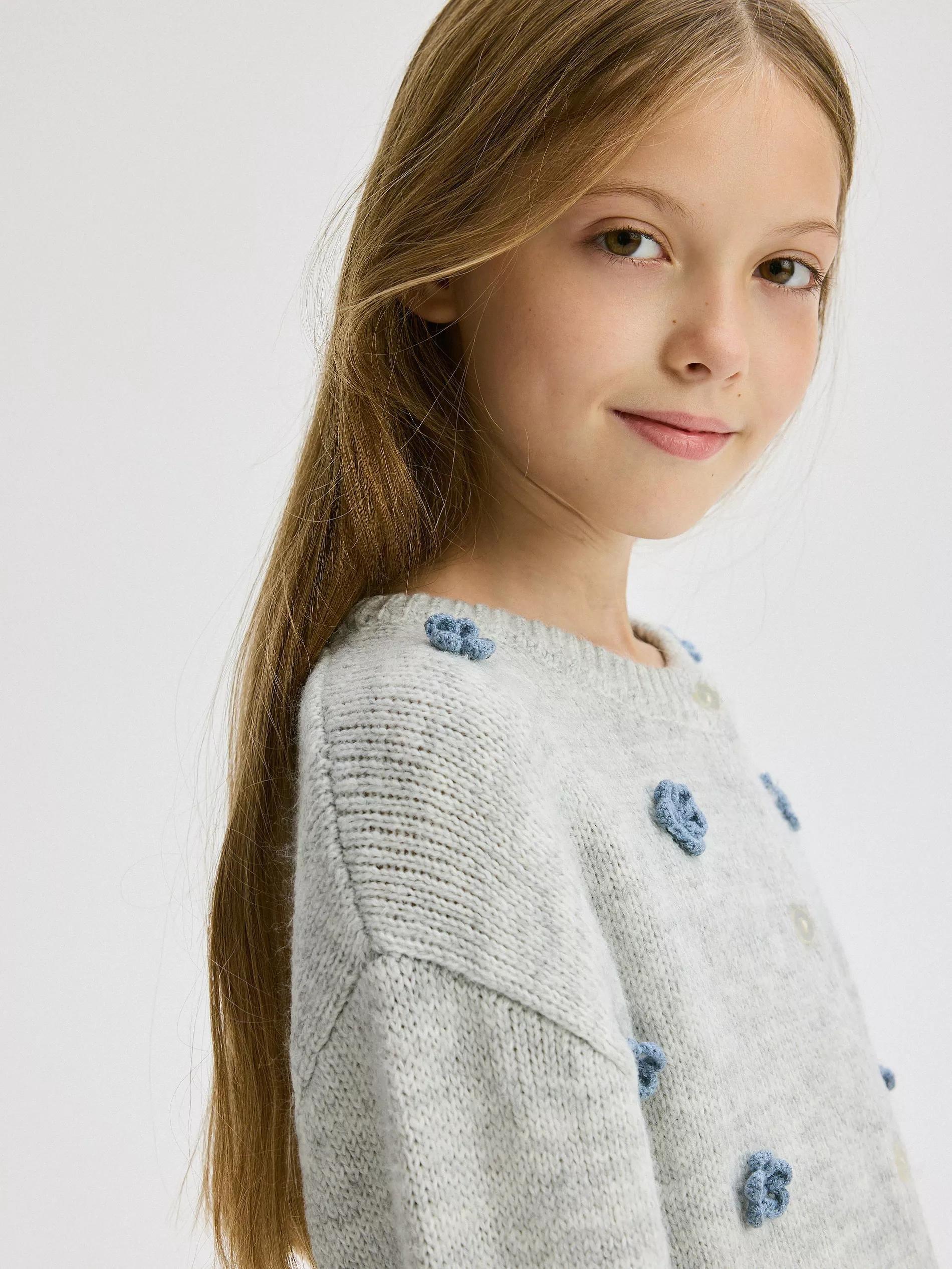 Grey Cardigan With Floral Applique, Kids Girls, , large image number 0