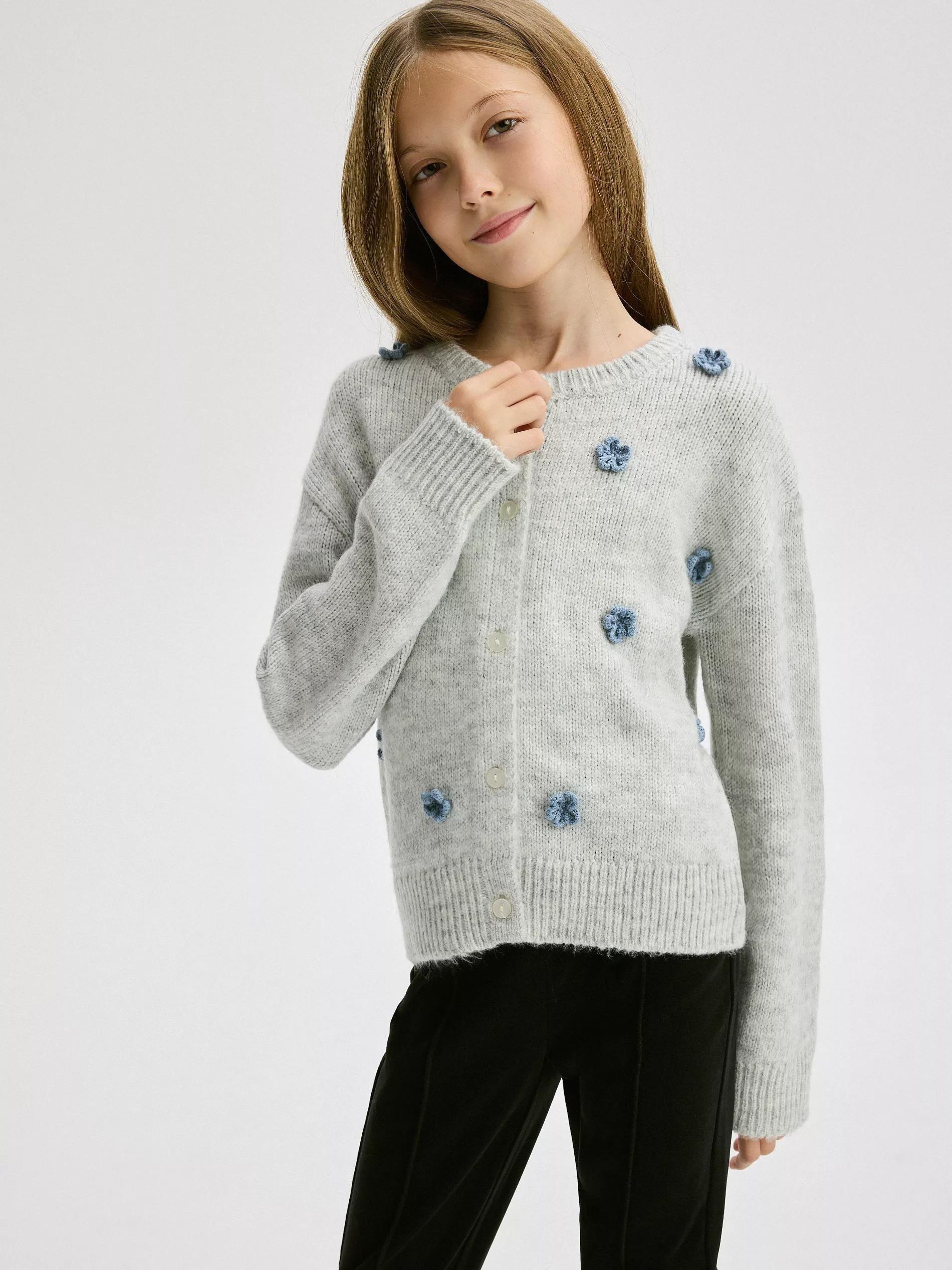 Grey Cardigan With Floral Applique, Kids Girls, , large image number 5