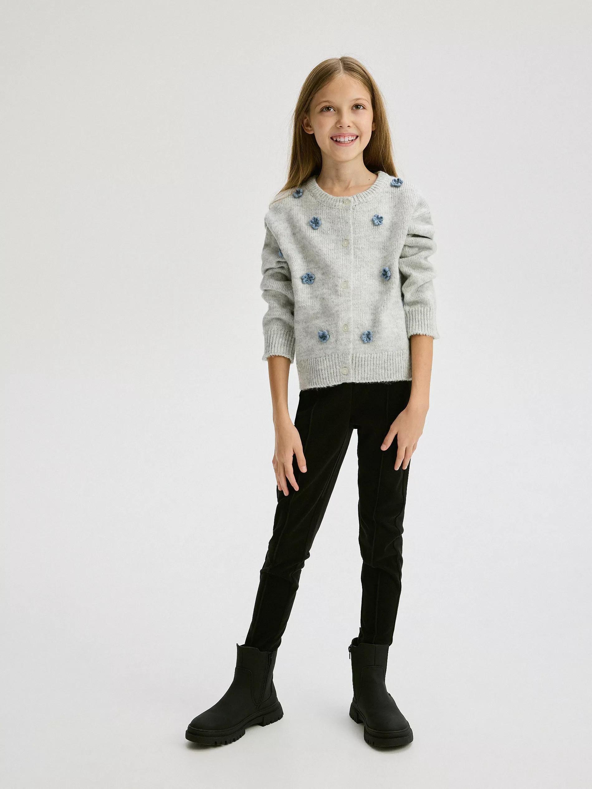 Grey Cardigan With Floral Applique, Kids Girls, , large image number 9