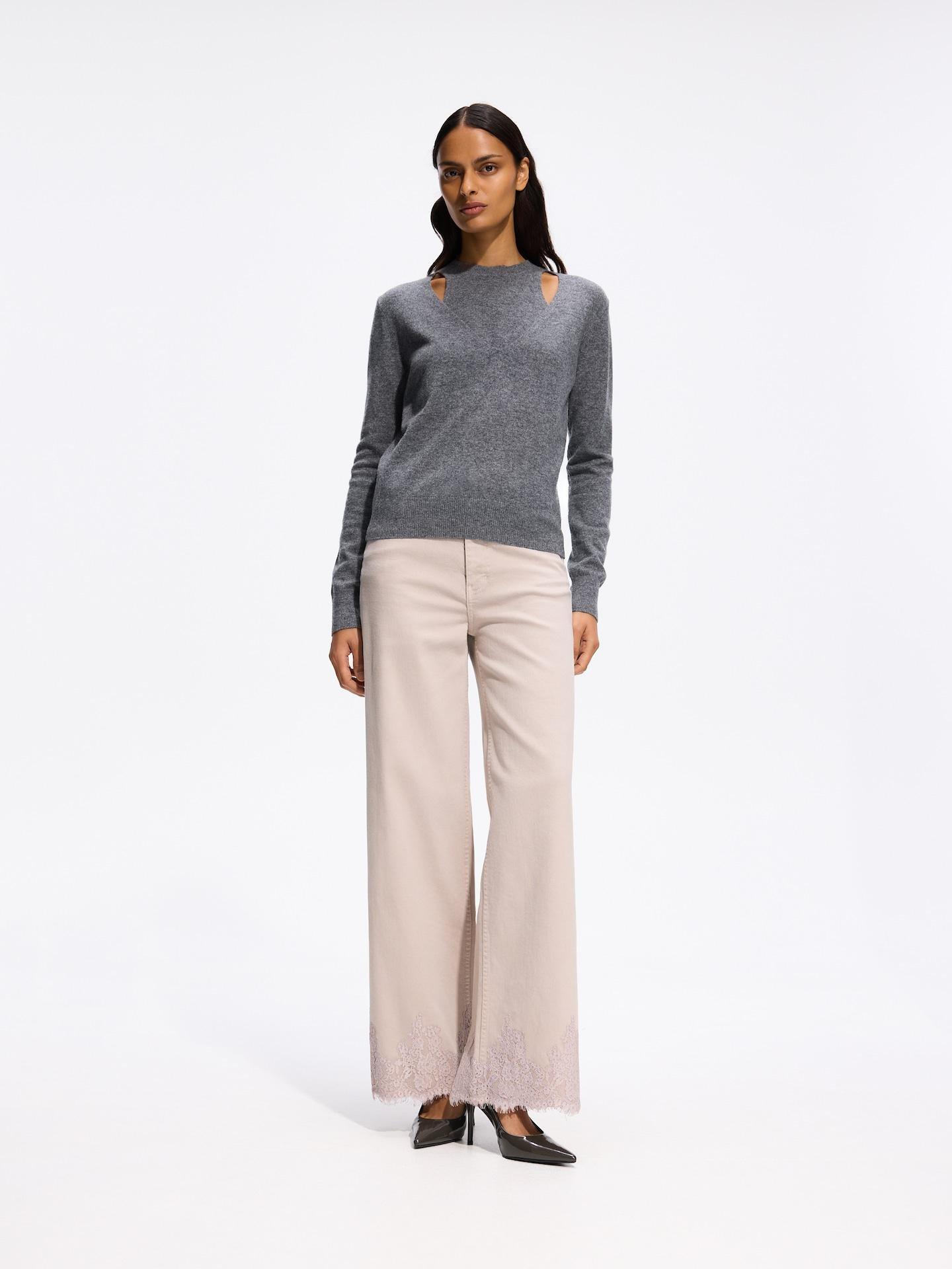 Beige Straight Jeans With Embroidery Detailing, Beige, medium