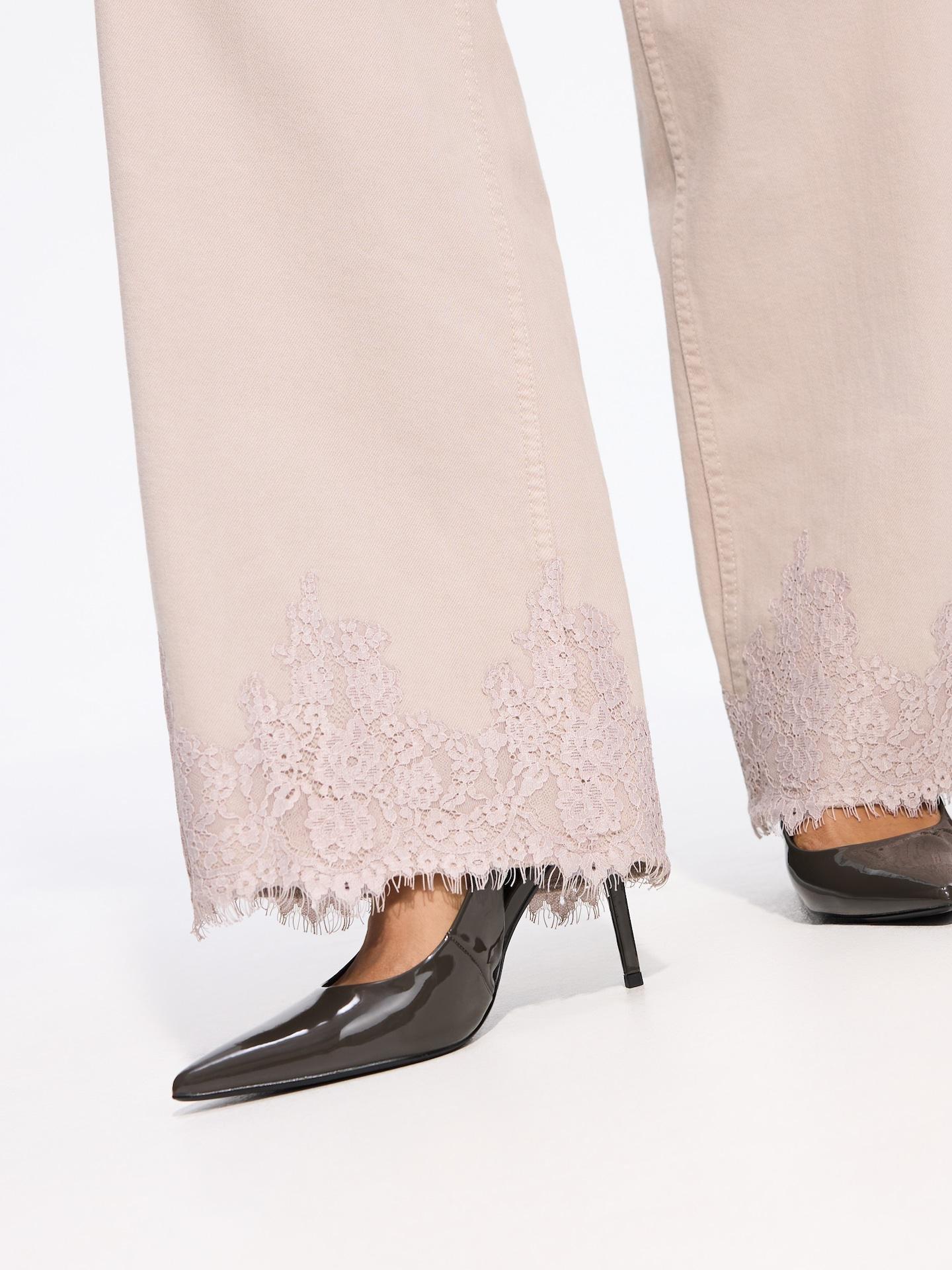 Beige Straight Jeans With Embroidery Detailing, Beige, medium