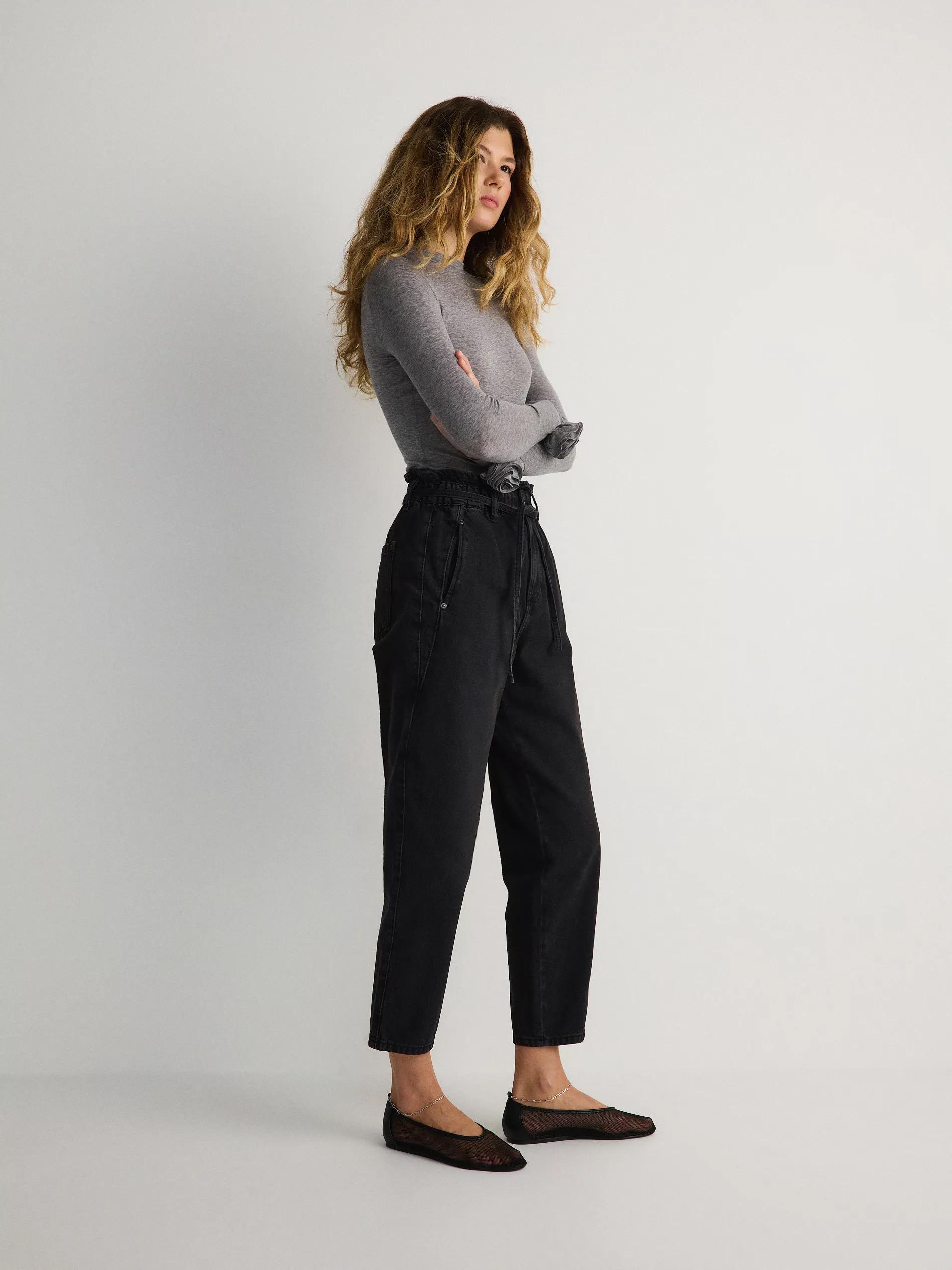 Black Paper bag Jeans With Tie Belt At The Waist, , large image number 0