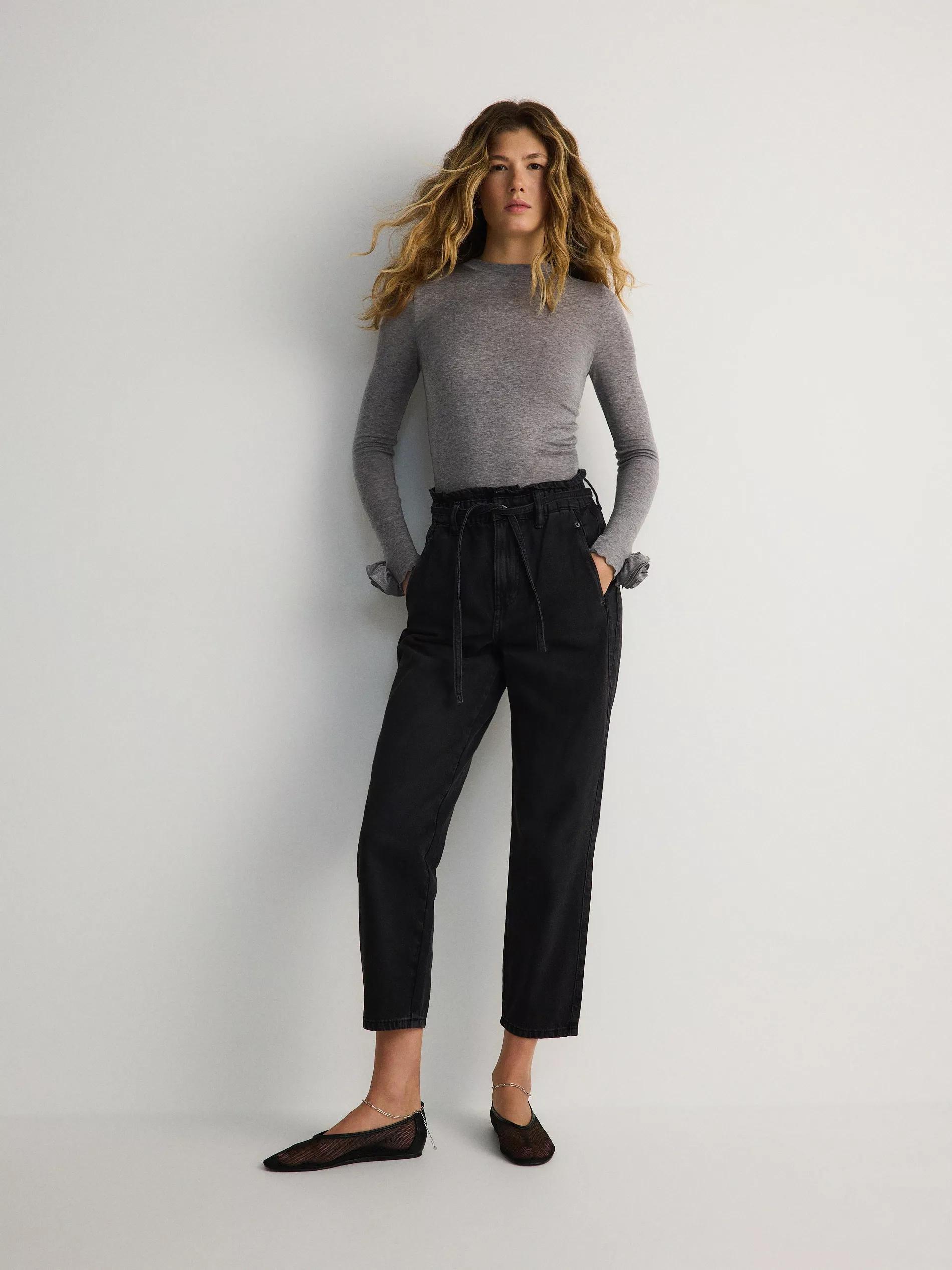 Black Paper bag Jeans With Tie Belt At The Waist, , large image number 1