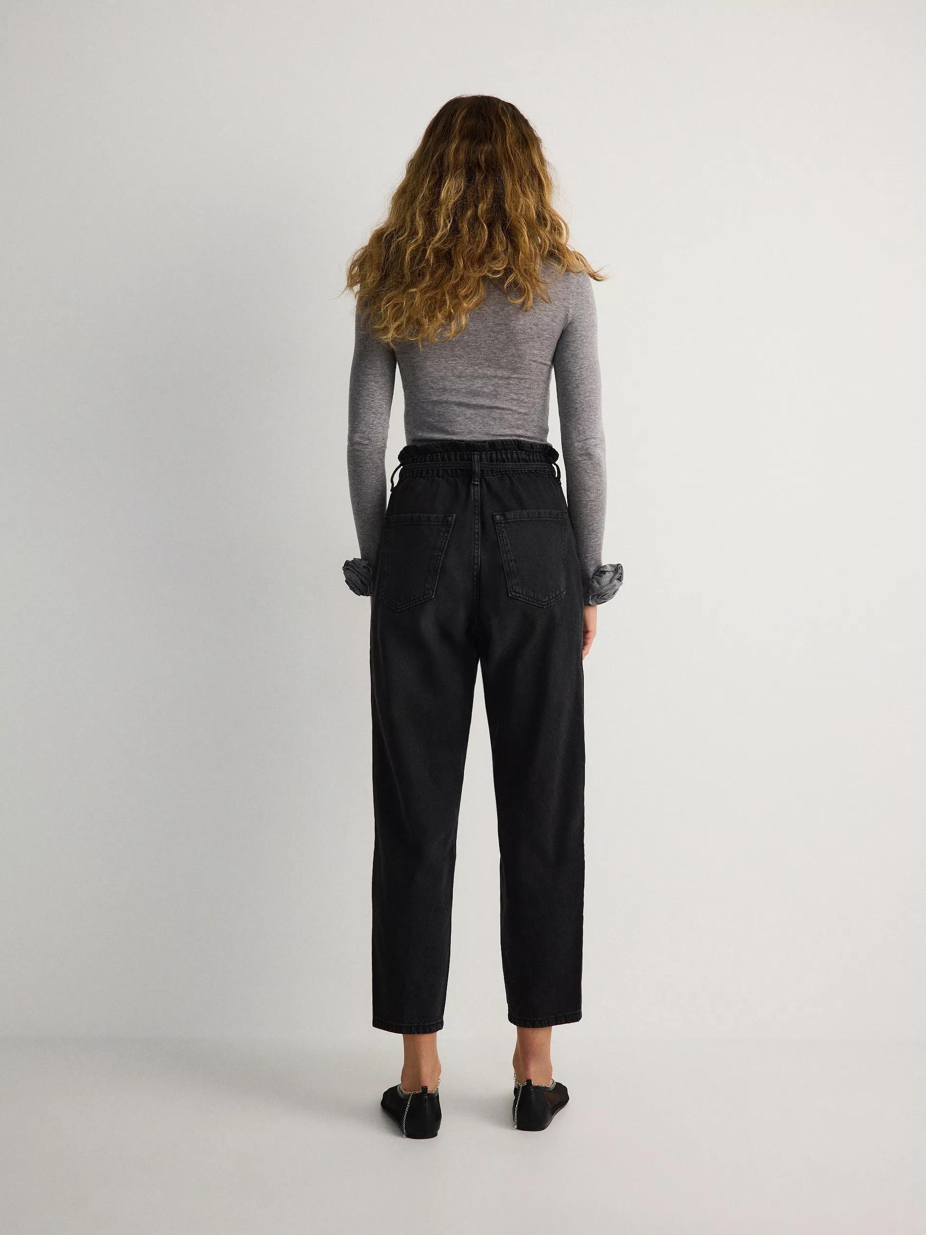 Black Paper bag Jeans With Tie Belt At The Waist, , large image number 2