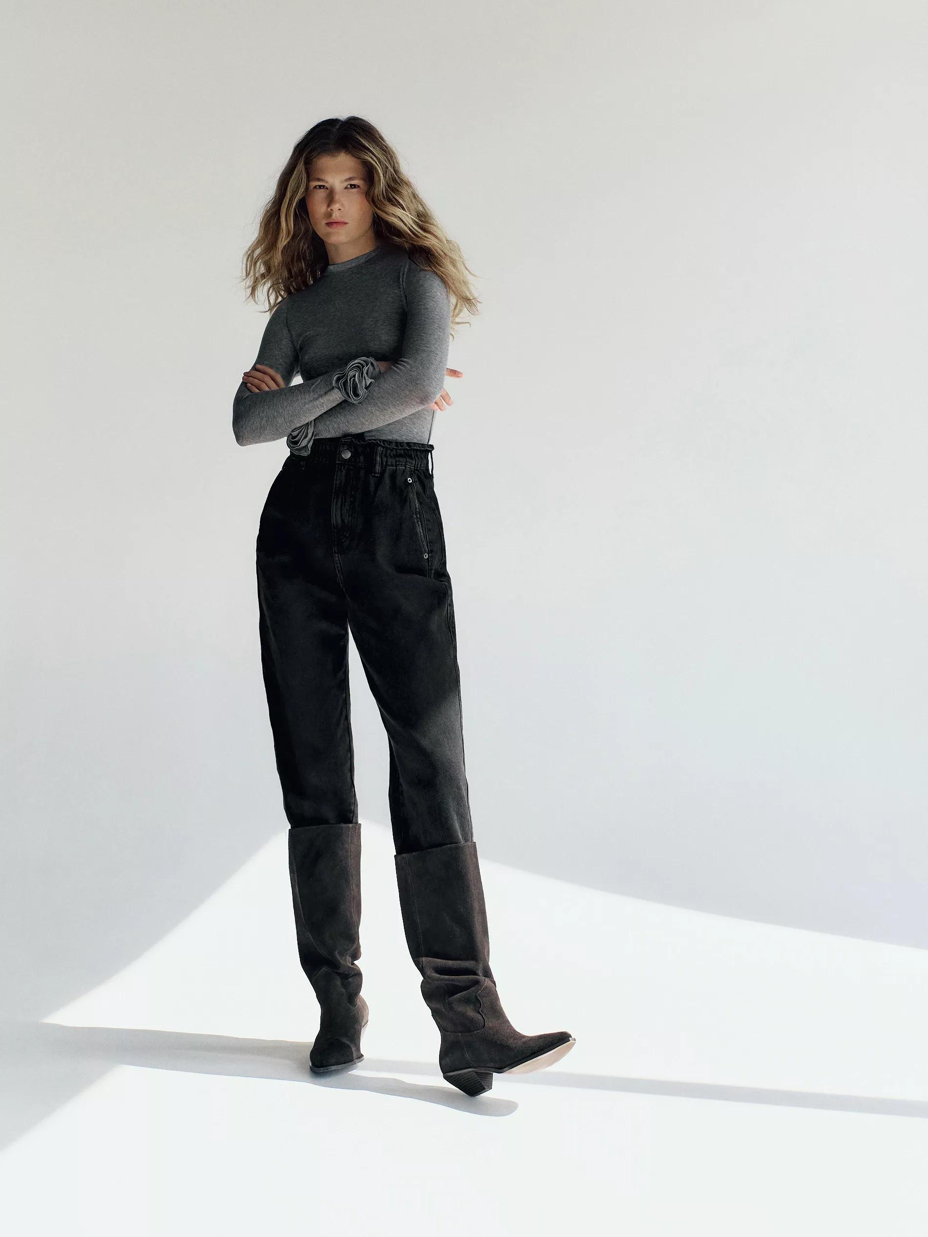Black Paper bag Jeans With Tie Belt At The Waist, , large image number 4