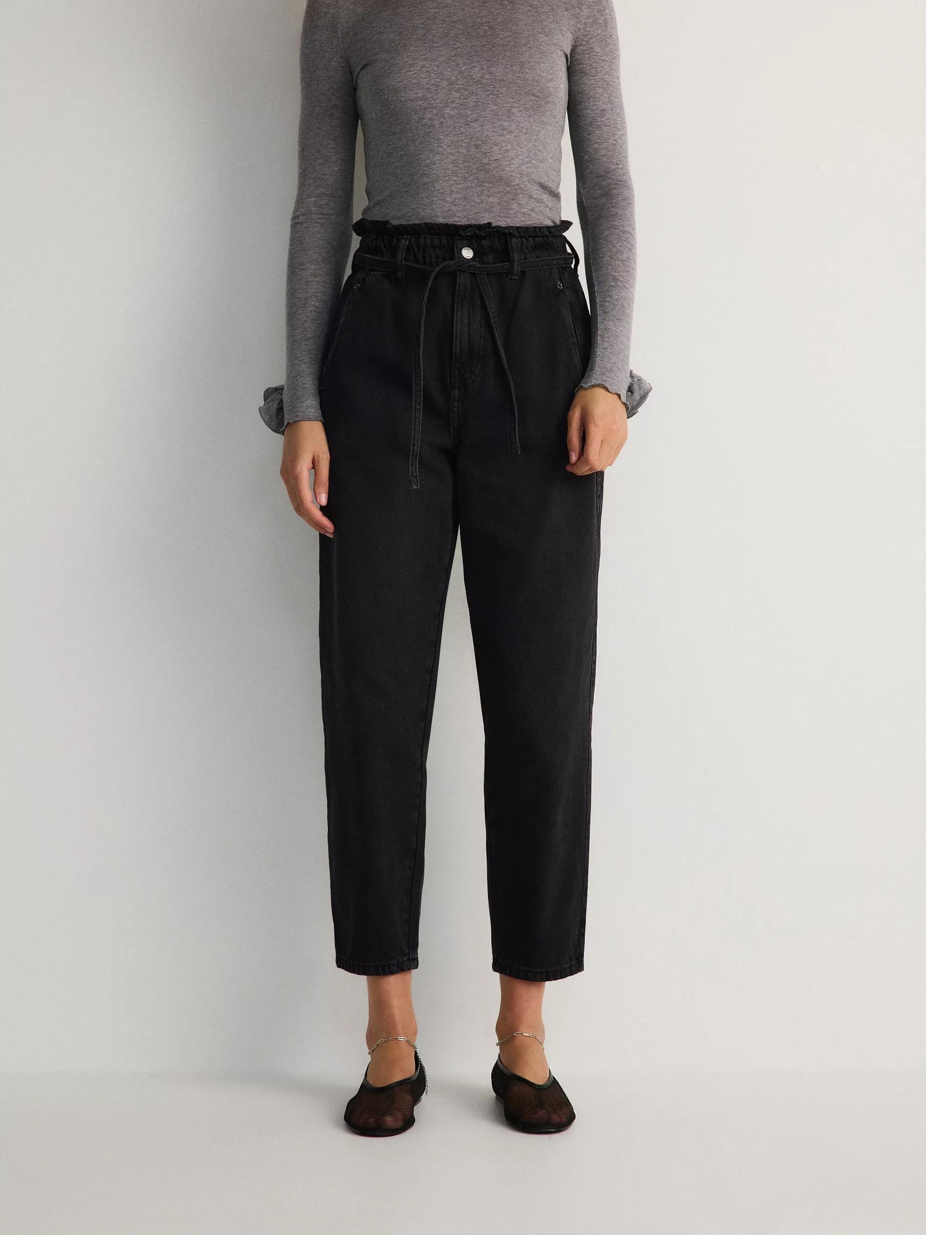 Black Paper bag Jeans With Tie Belt At The Waist, , large image number 5