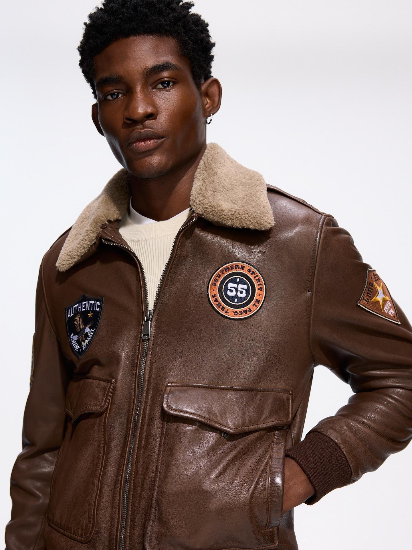 Brown Leather Jacket With Patches, Brown, medium
