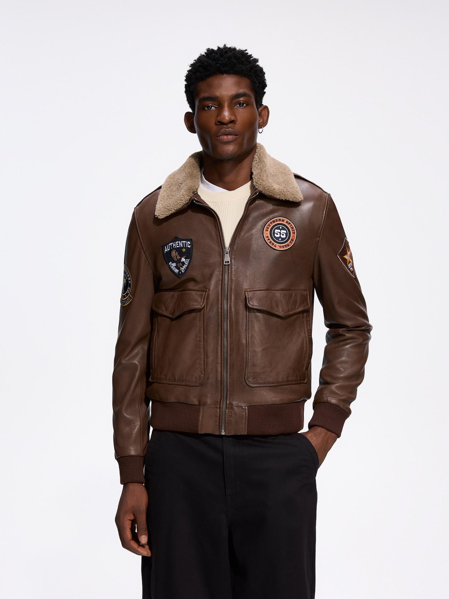 Brown Leather Jacket With Patches, Brown, medium