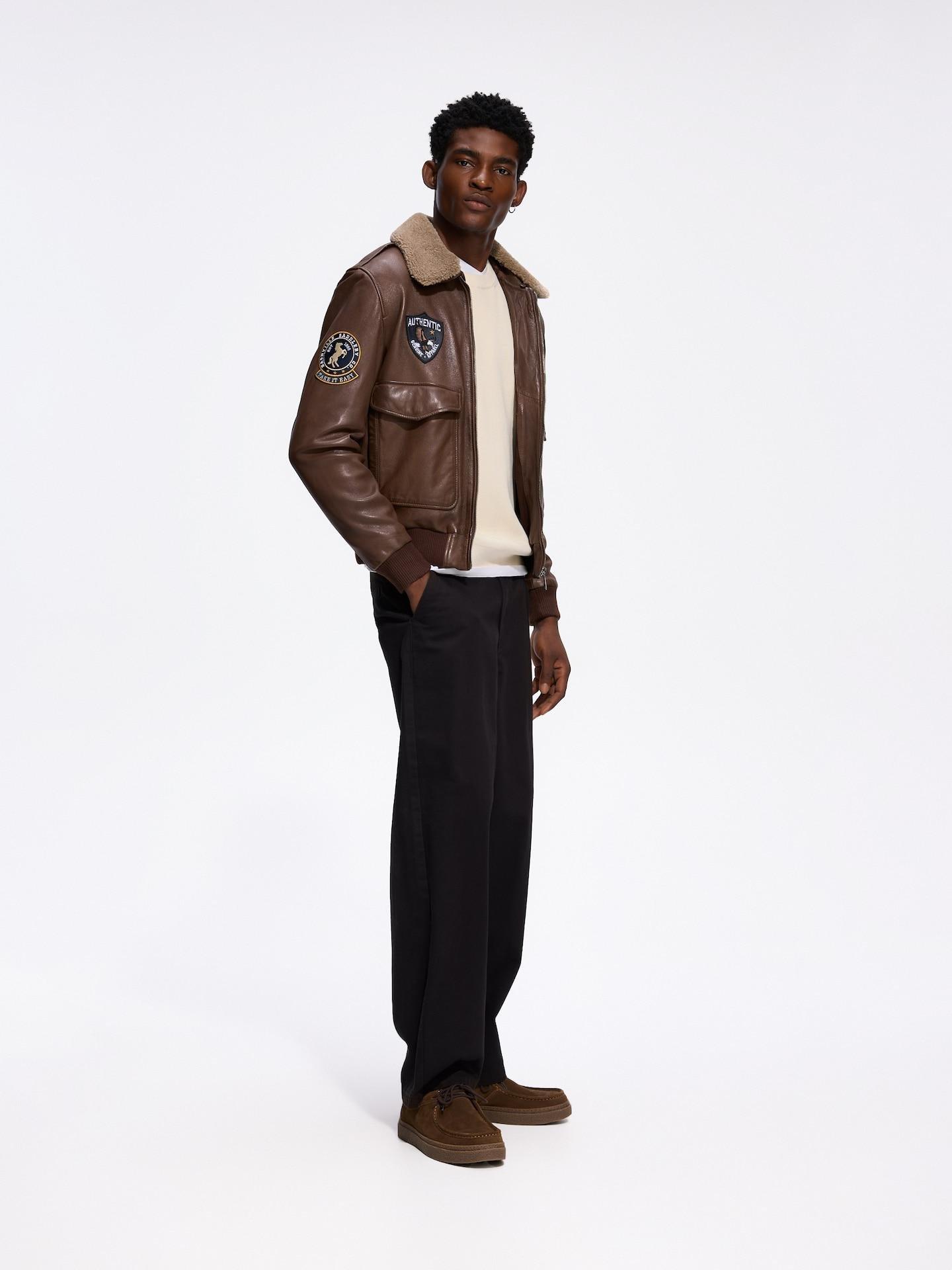 Brown Leather Jacket With Patches, Brown, large image number 3
