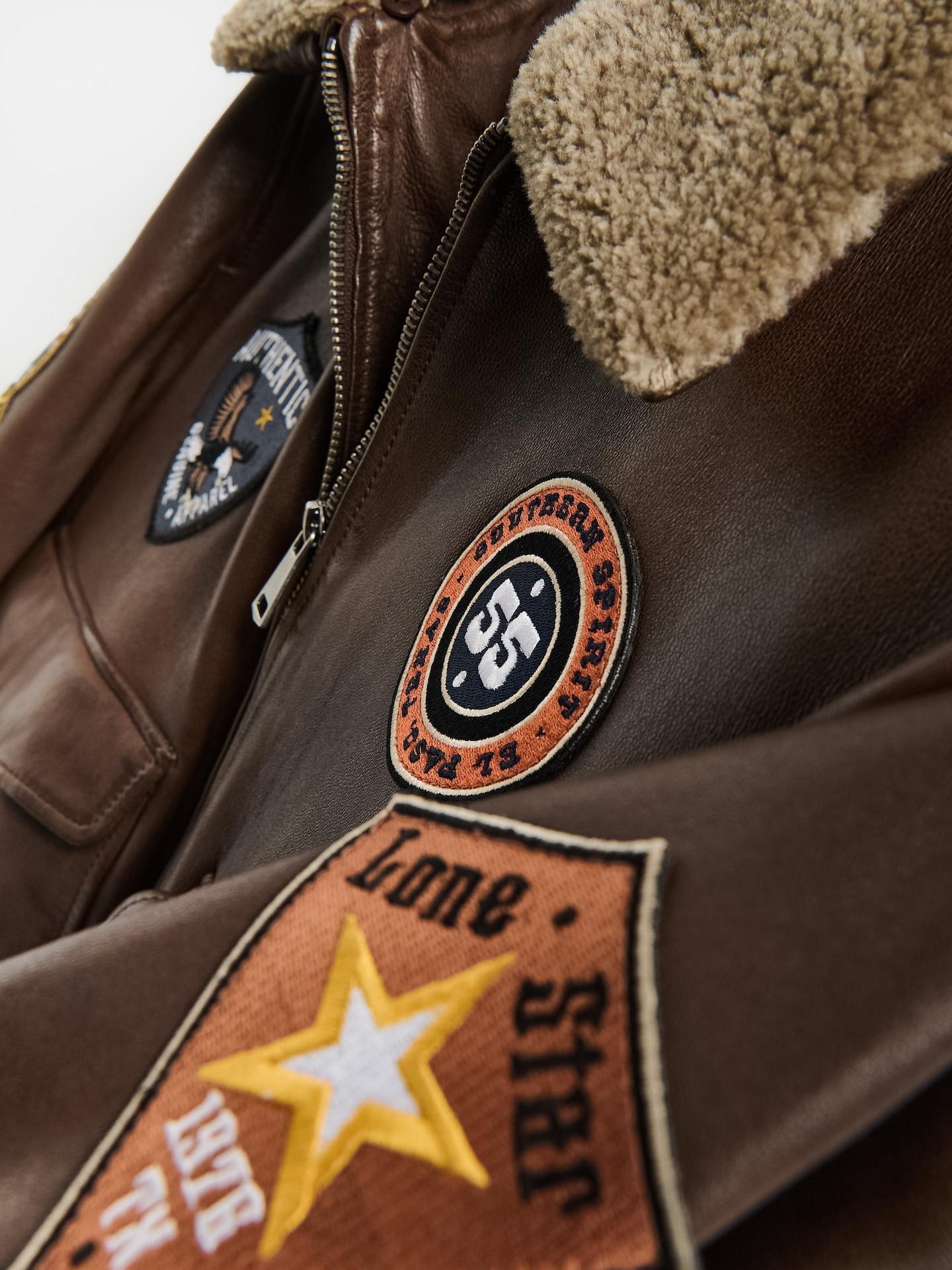 Brown Leather Jacket With Patches, Brown, large image number 6