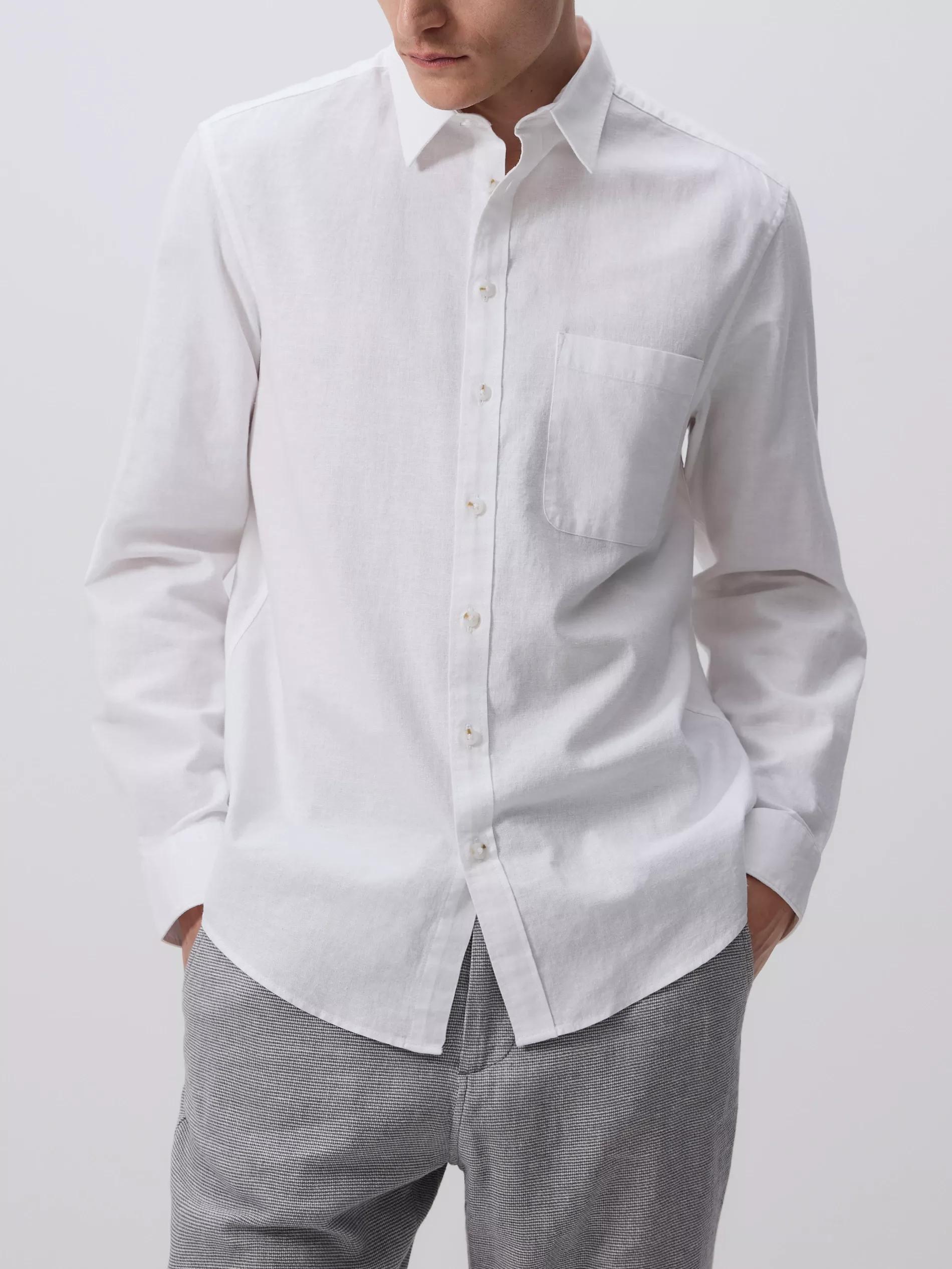 White Regular Fit Linen Blend Shirt, White, large image number 1