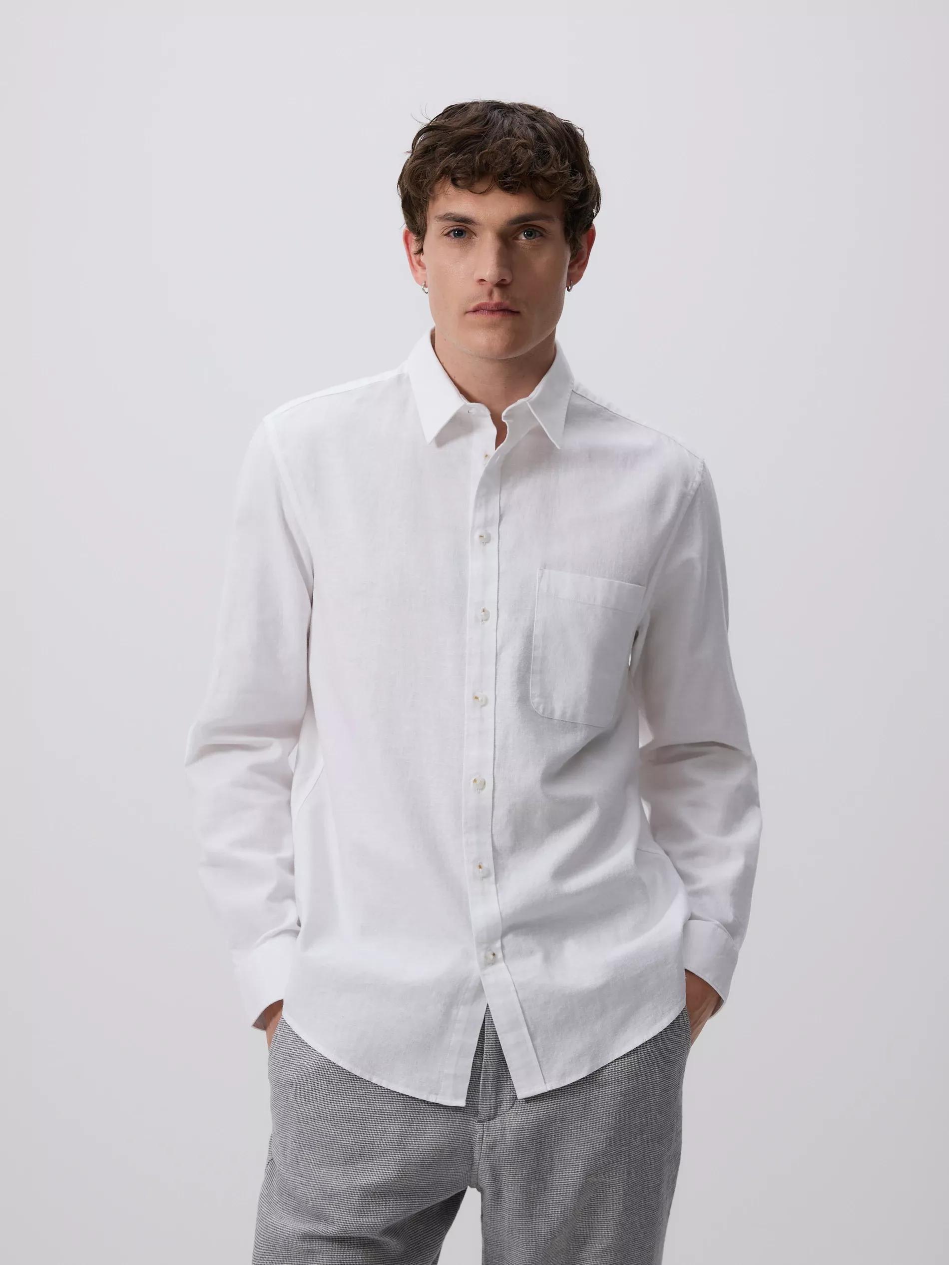 White Regular Fit Linen Blend Shirt, White, large image number 3