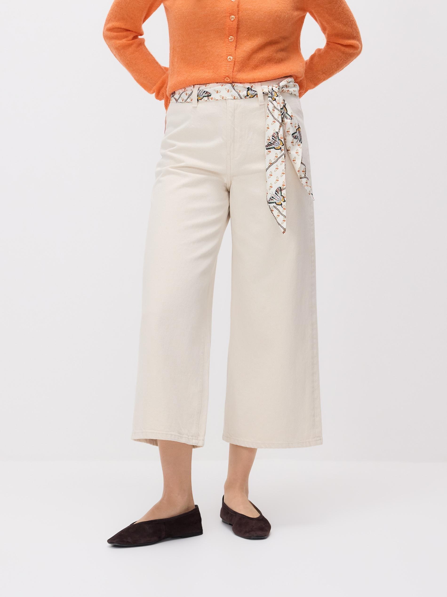 Beige Jeans Culotte Jeans With Scarf, Ivory, medium