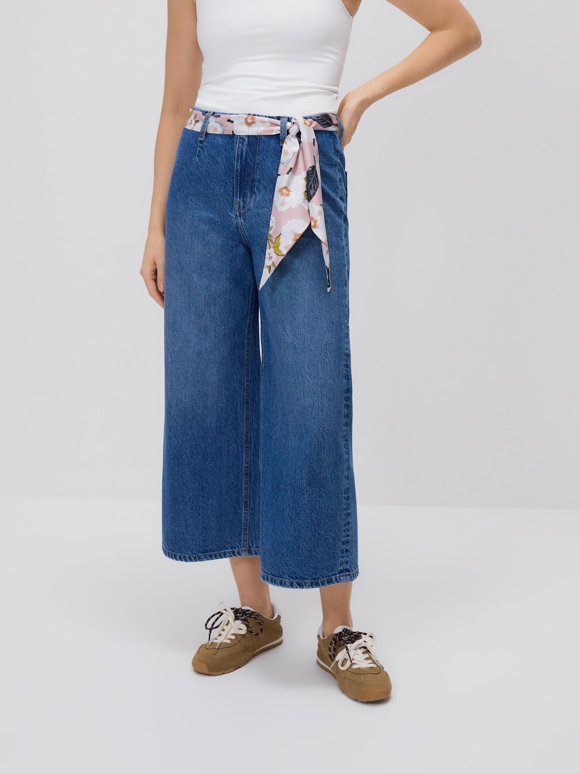 Blue Culotte Jeans With Scarf, Blue, large image number 0
