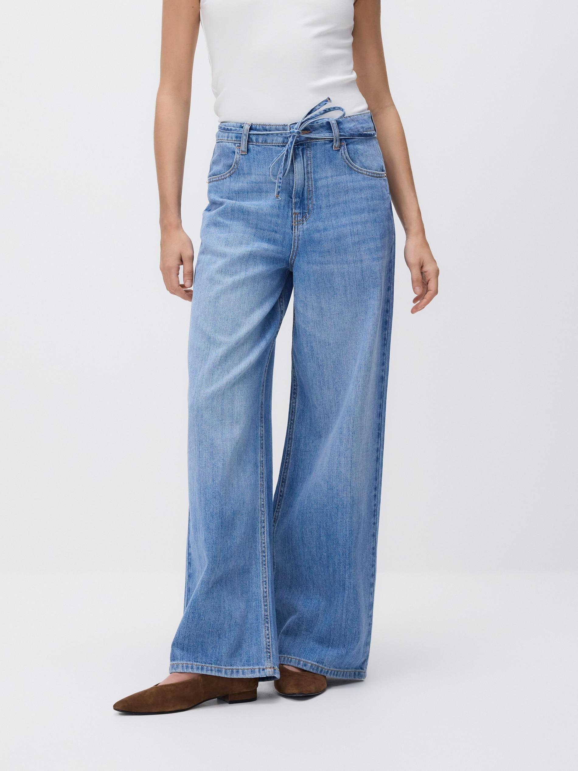 Blue Wide-Leg Jeans With Tie-Up, Blue, large image number 0
