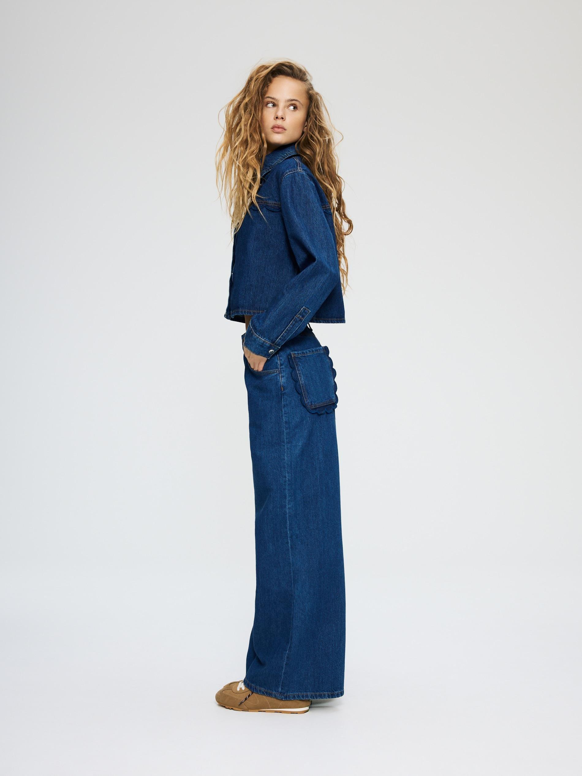 Blue Wide-Leg Jeans With Decorative Pockets, Blue, large image number 1