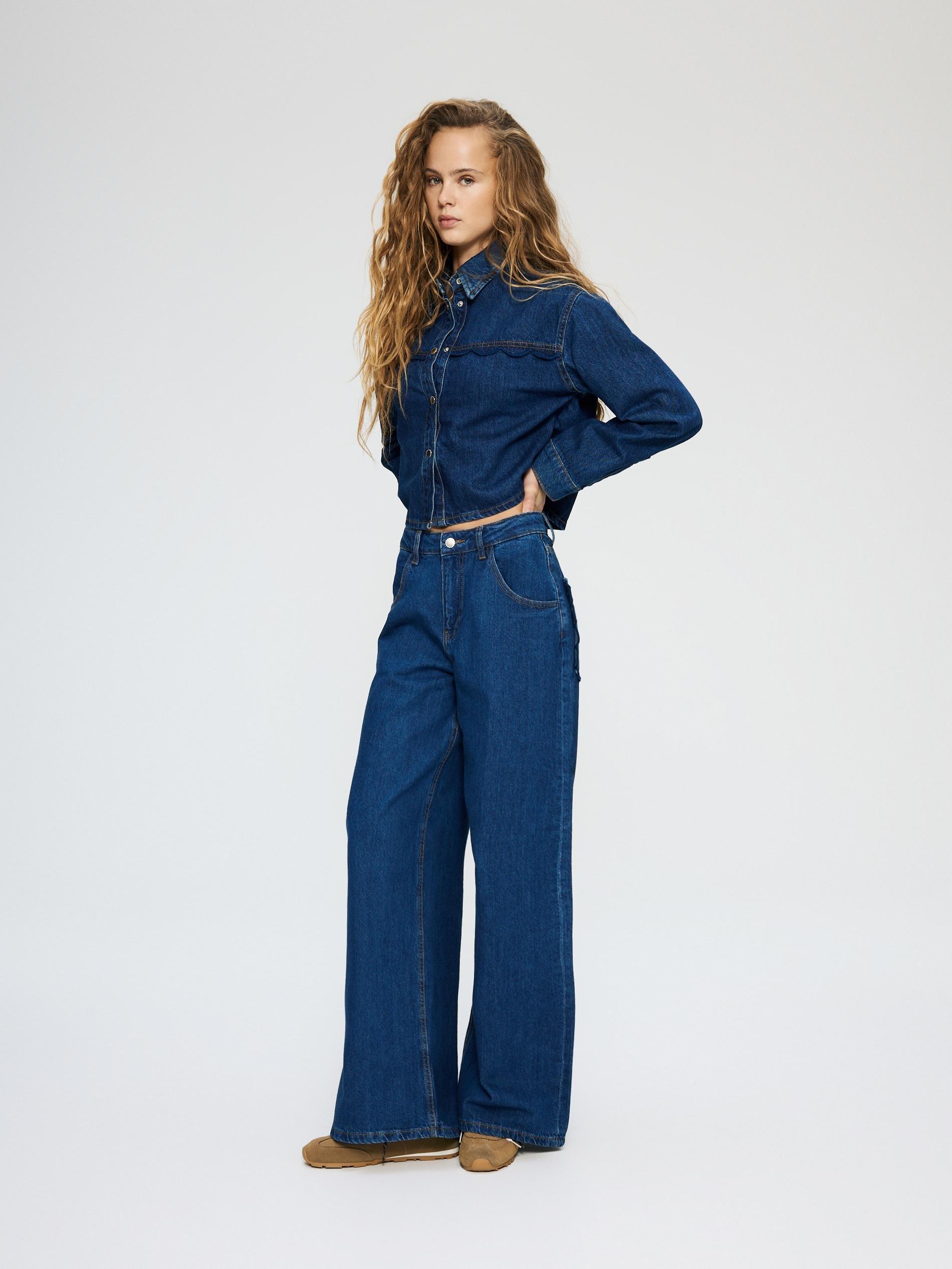 Blue Wide-Leg Jeans With Decorative Pockets, Blue, medium