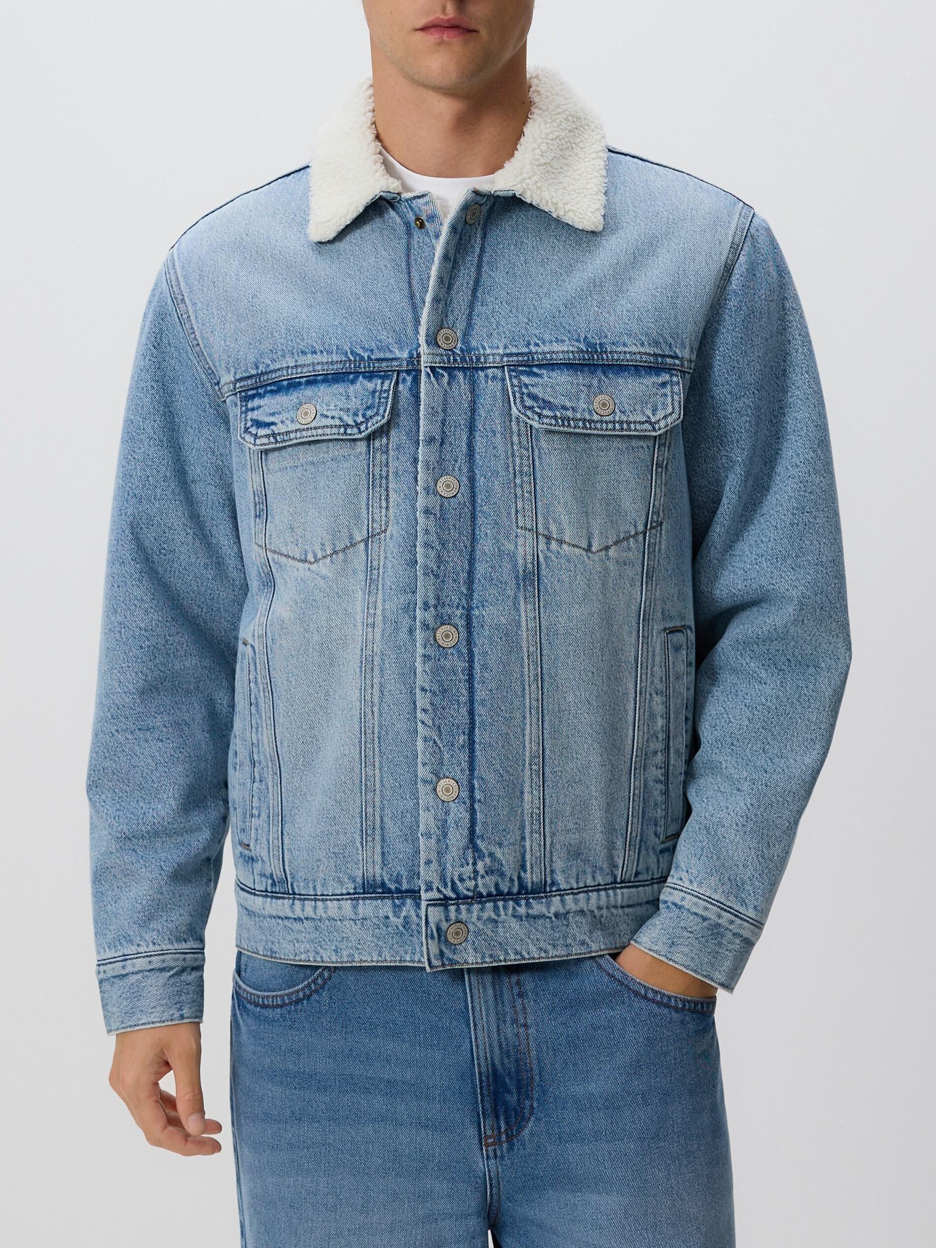 Blue Denim Sherpa Jacket, Blue, large image number 1