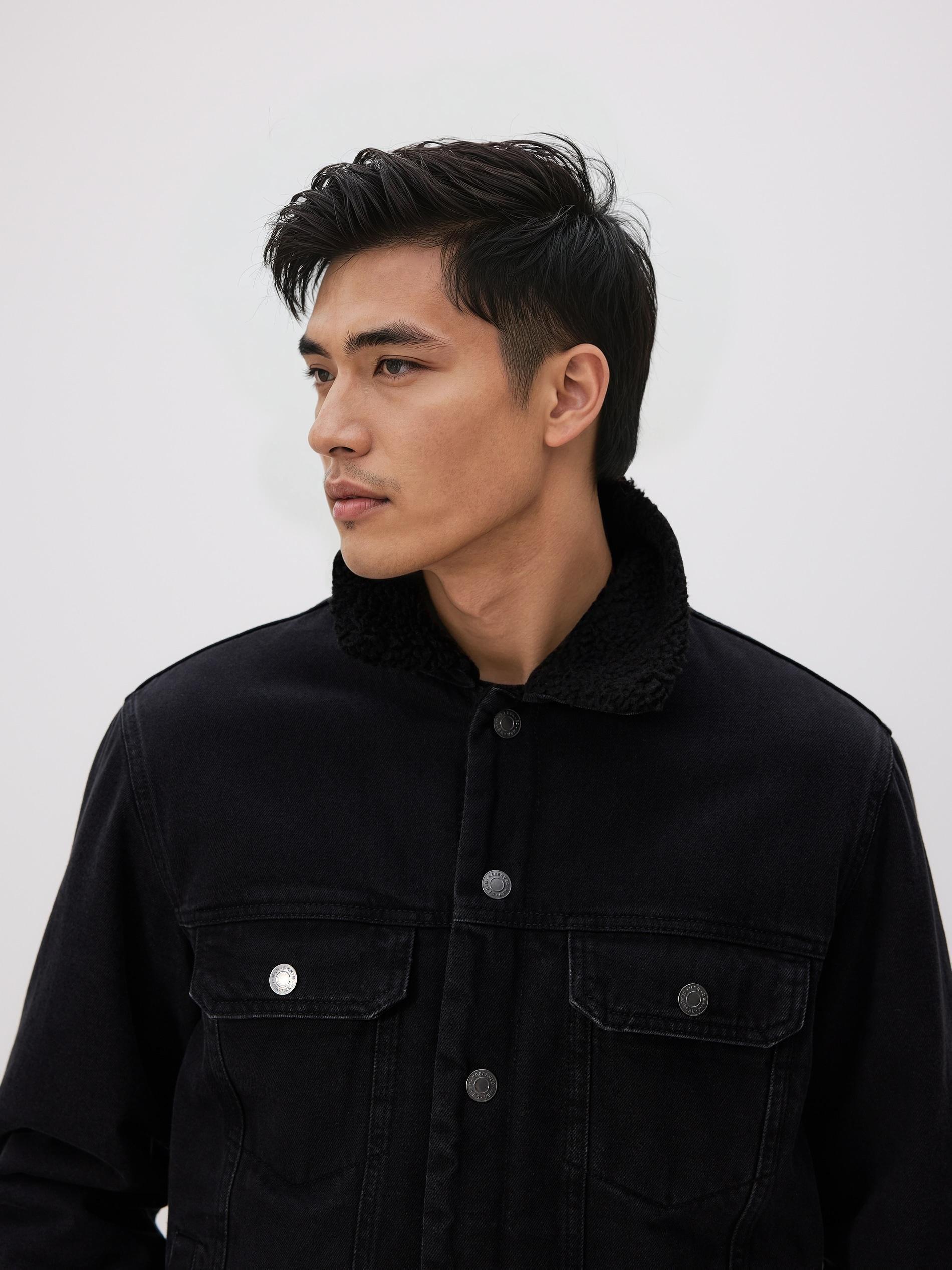 Black Denim Sherpa Jacket, Black, medium