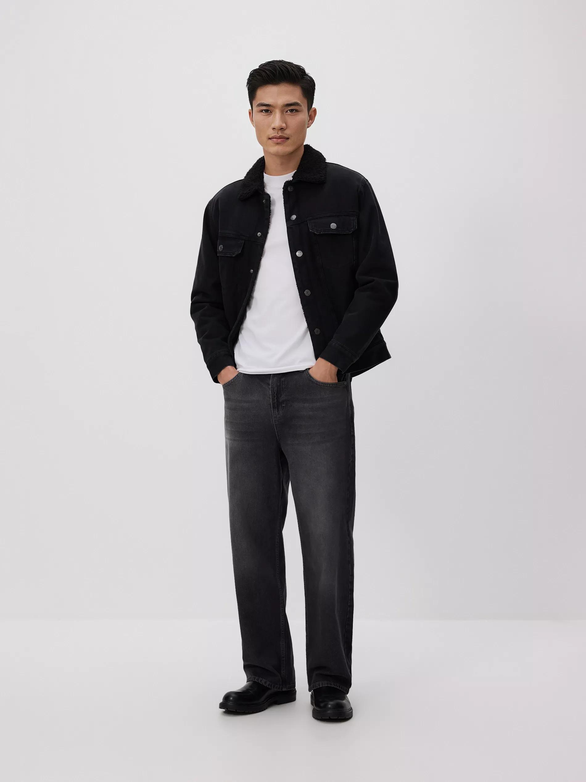 Black Denim Sherpa Jacket, Black, large image number 1