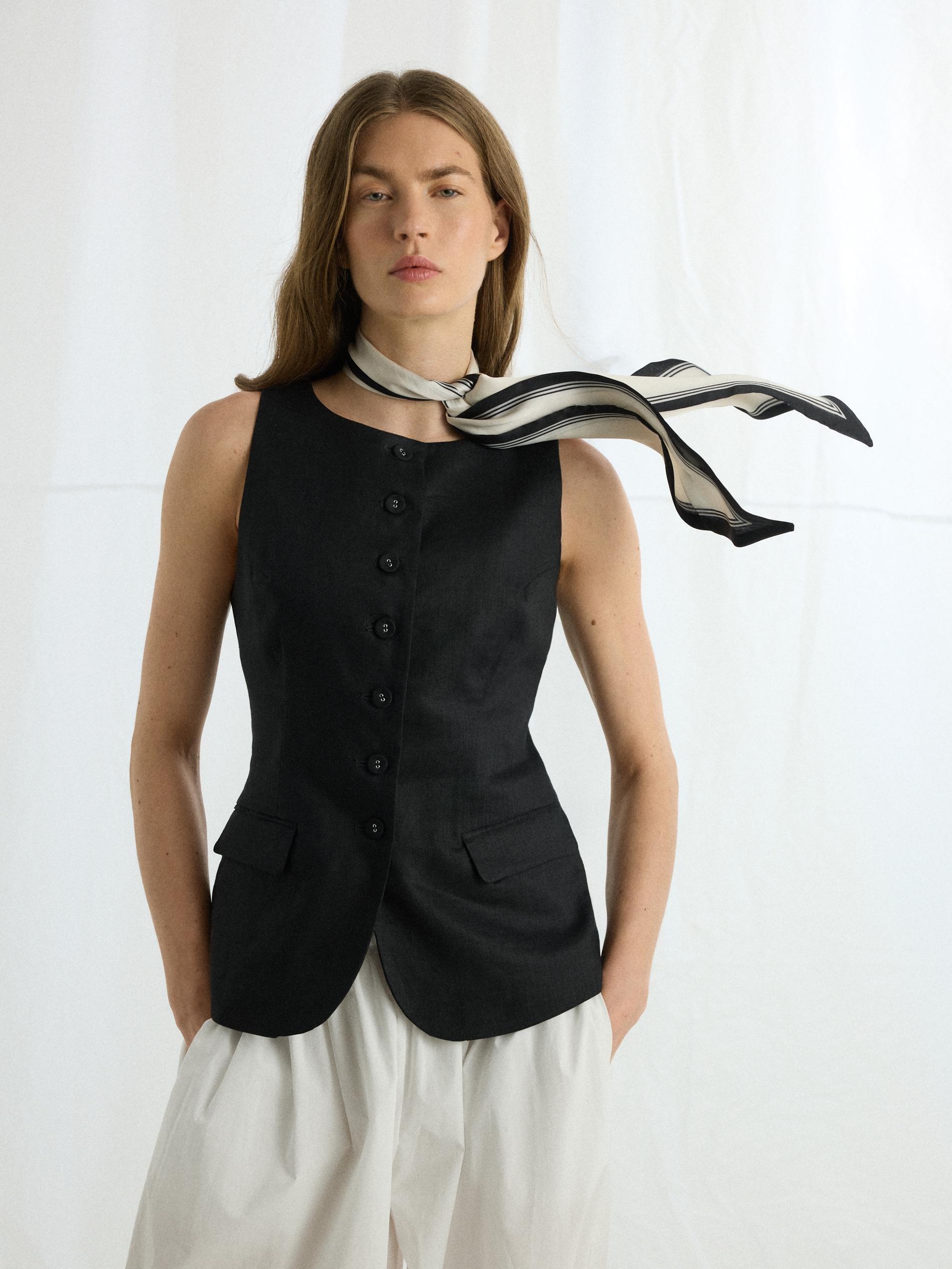 Black Linen Vest, Black, large image number 0