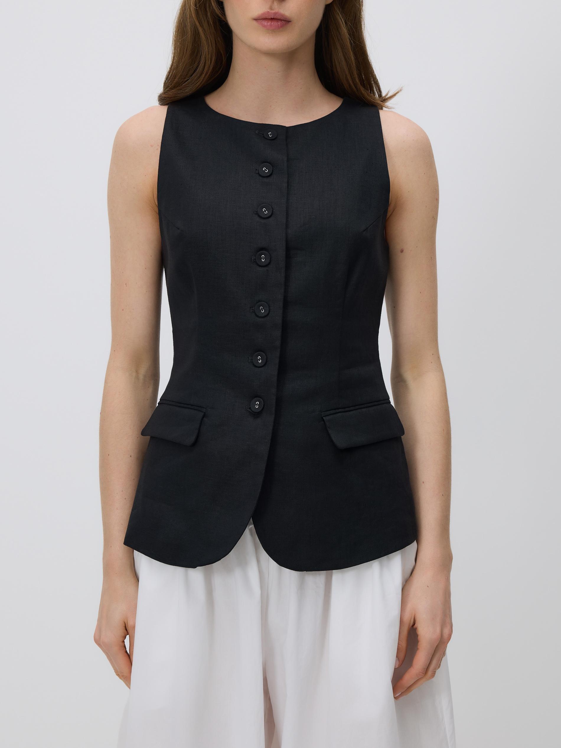 Black Linen Vest, Black, medium
