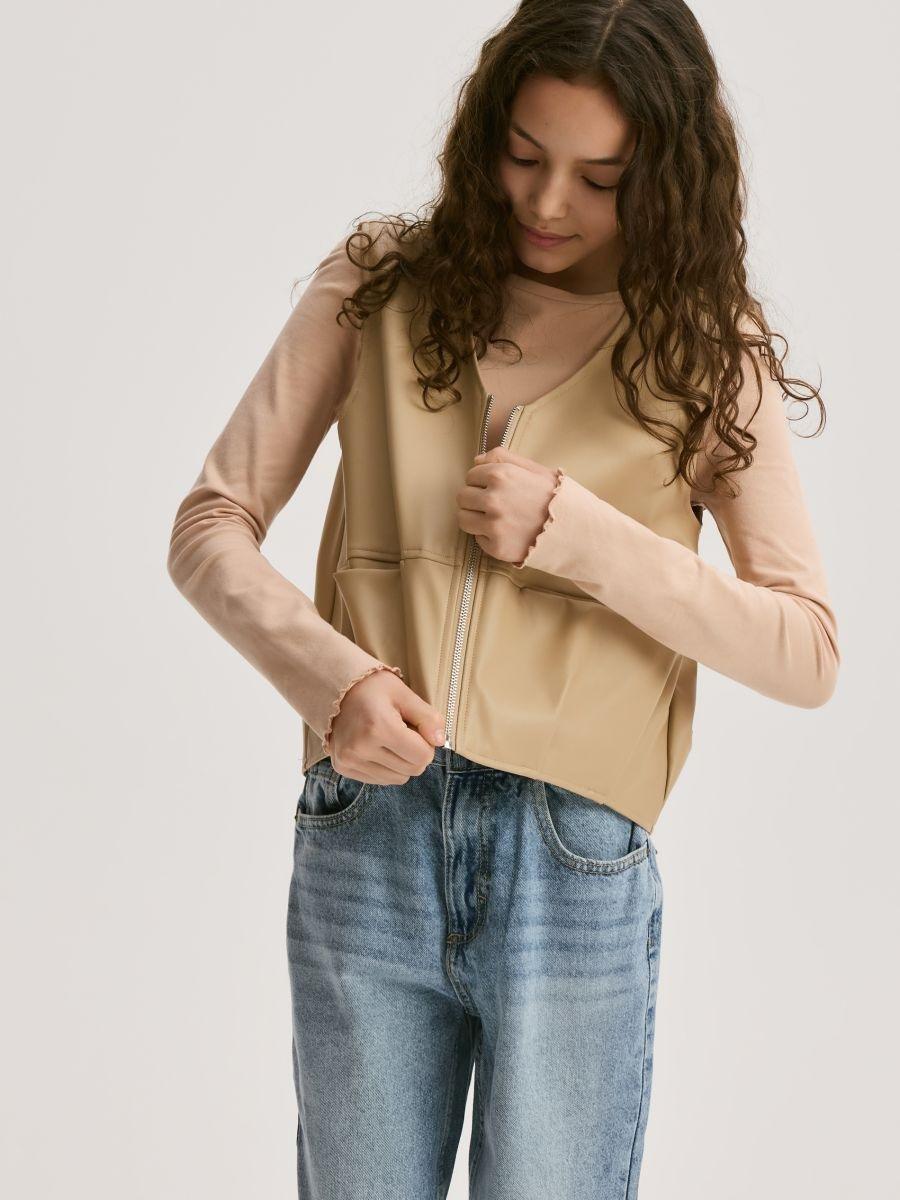 Beige Faux Leather Vest, Beige, large image number 0