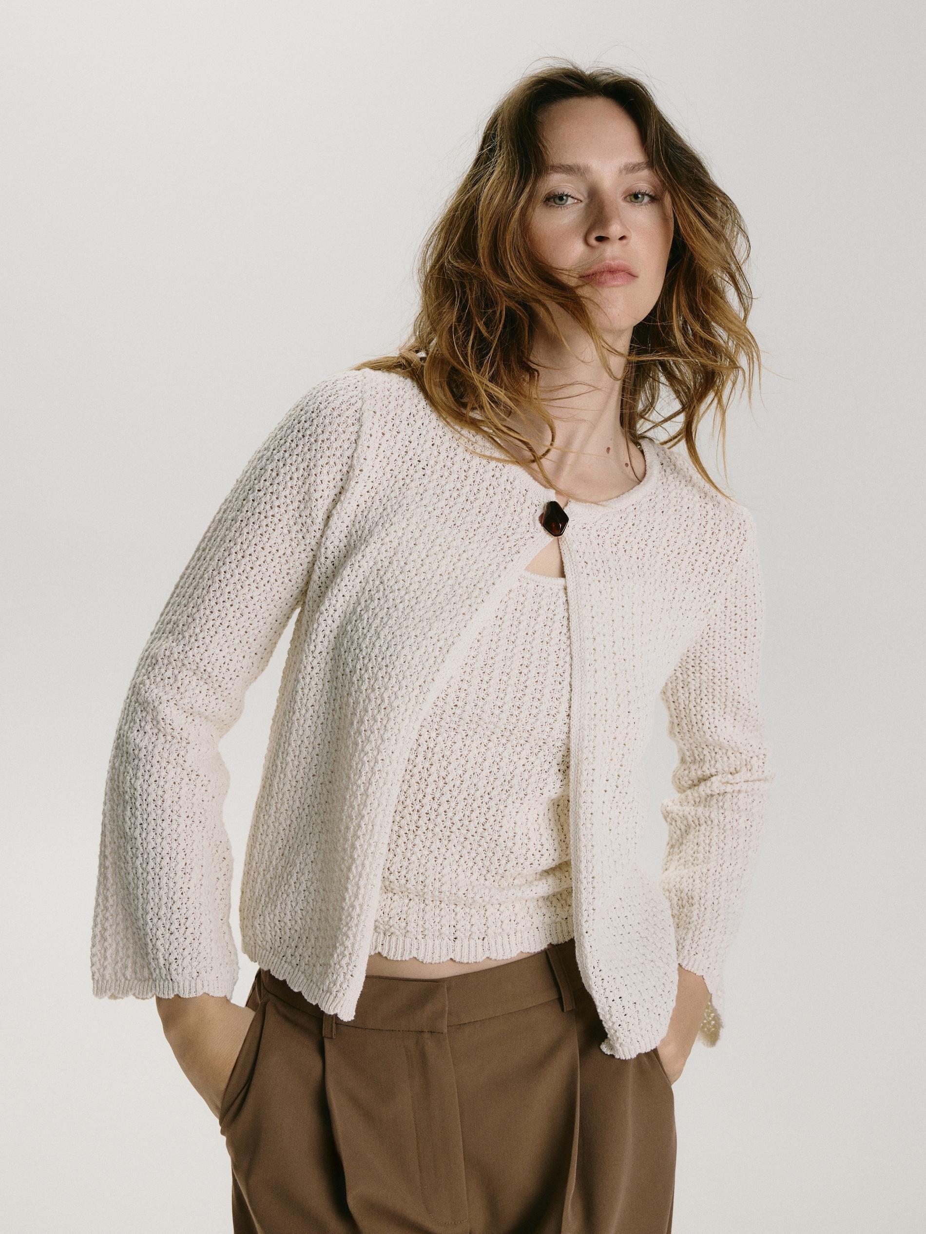 Beige Cotton Blend Cardigan, Ivory, large image number 0