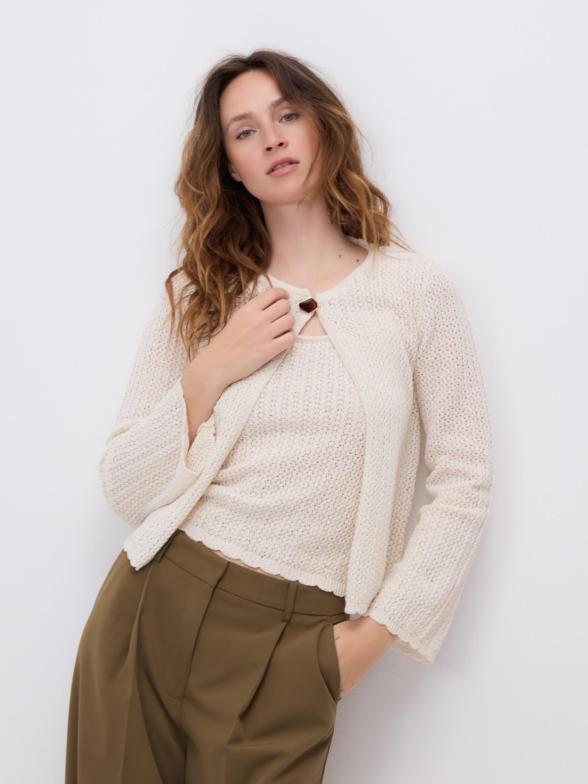 Beige Cotton Blend Cardigan, Ivory, large image number 3