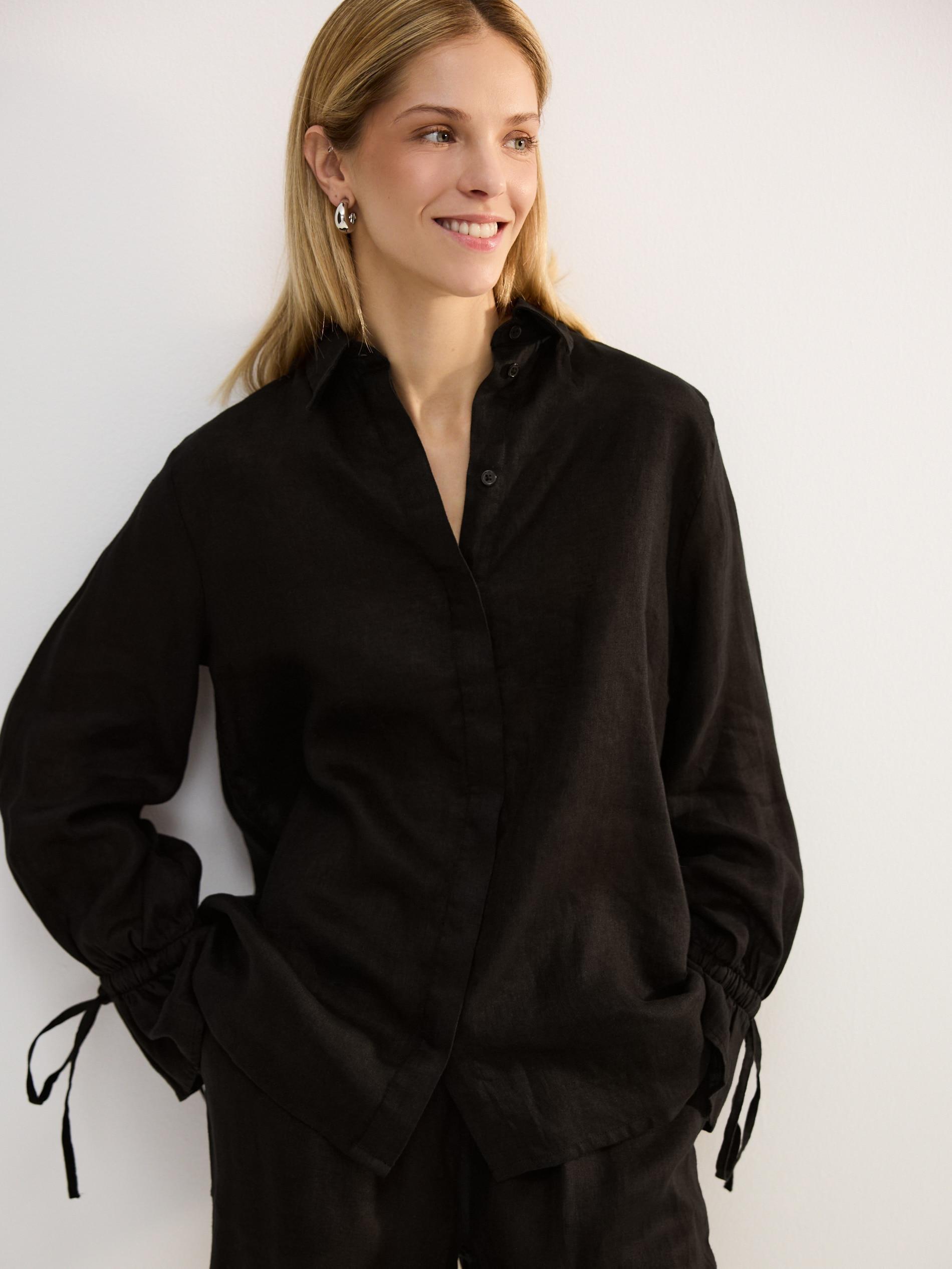 Black Linen Shirt With Ties, Black, large image number 0