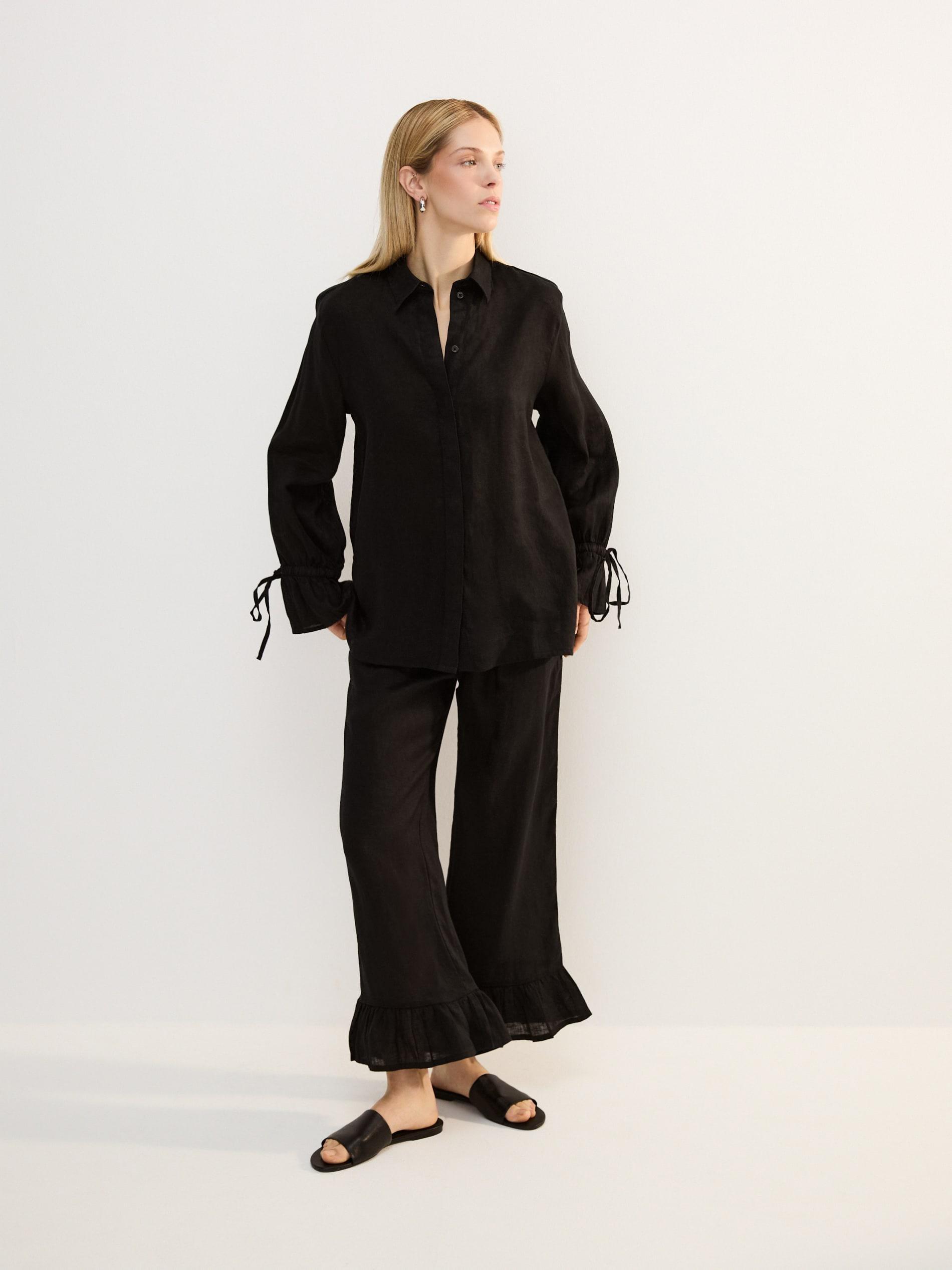 Black Linen Shirt With Ties, Black, large image number 1