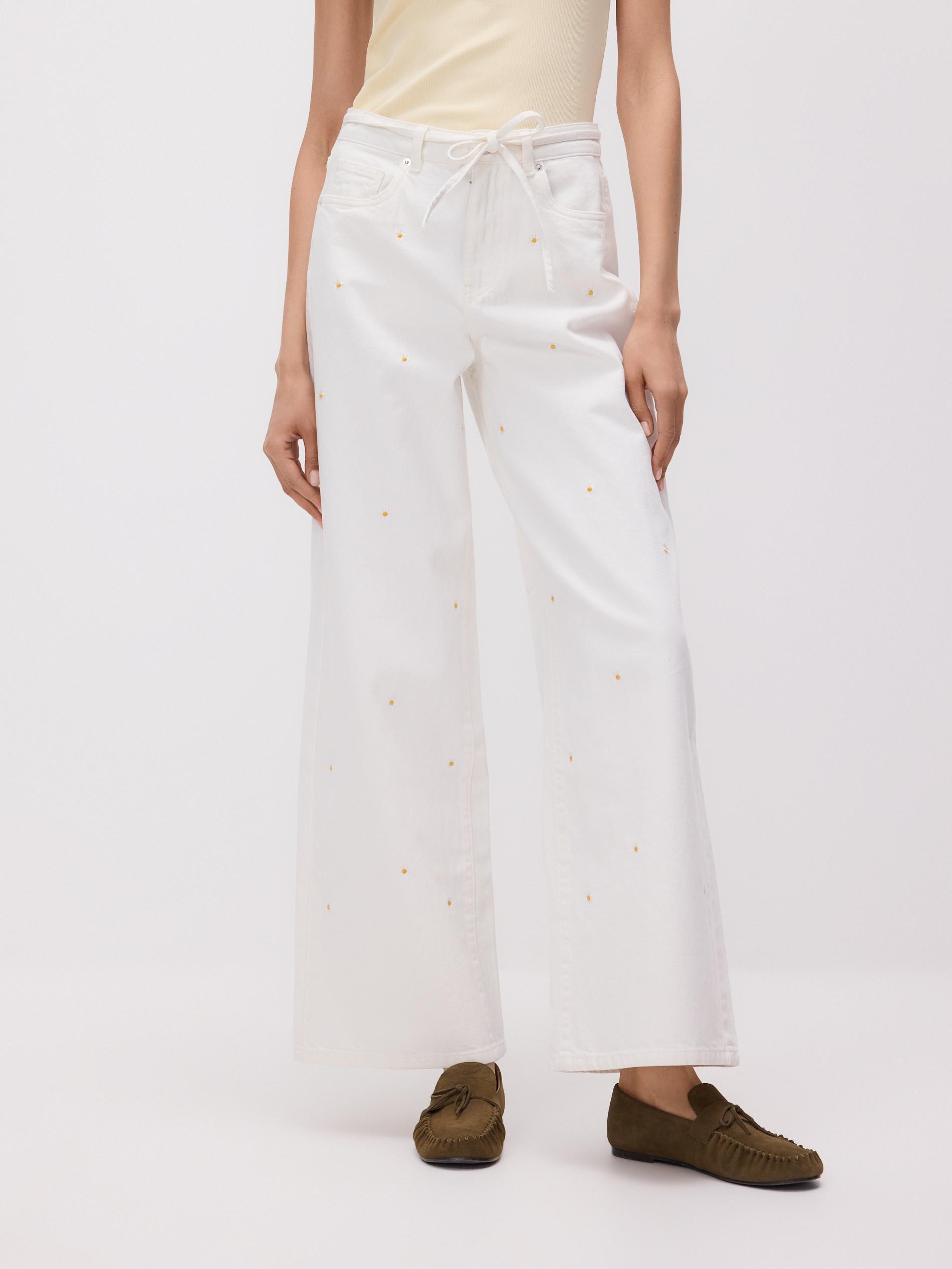 White Wide Leg Jeans With Embroidery Detailing, White, large image number 0