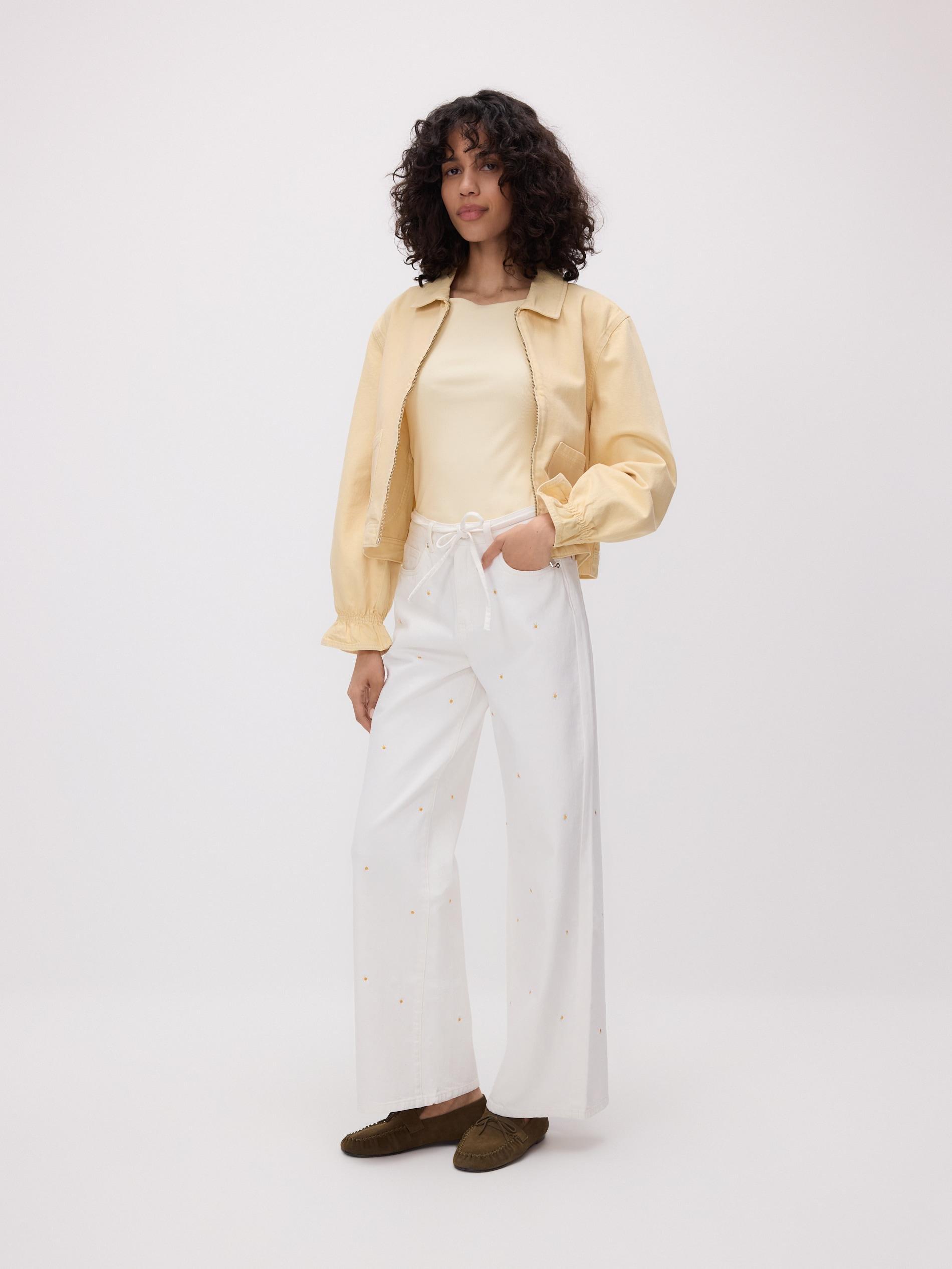 White Wide Leg Jeans With Embroidery Detailing, White, large image number 1