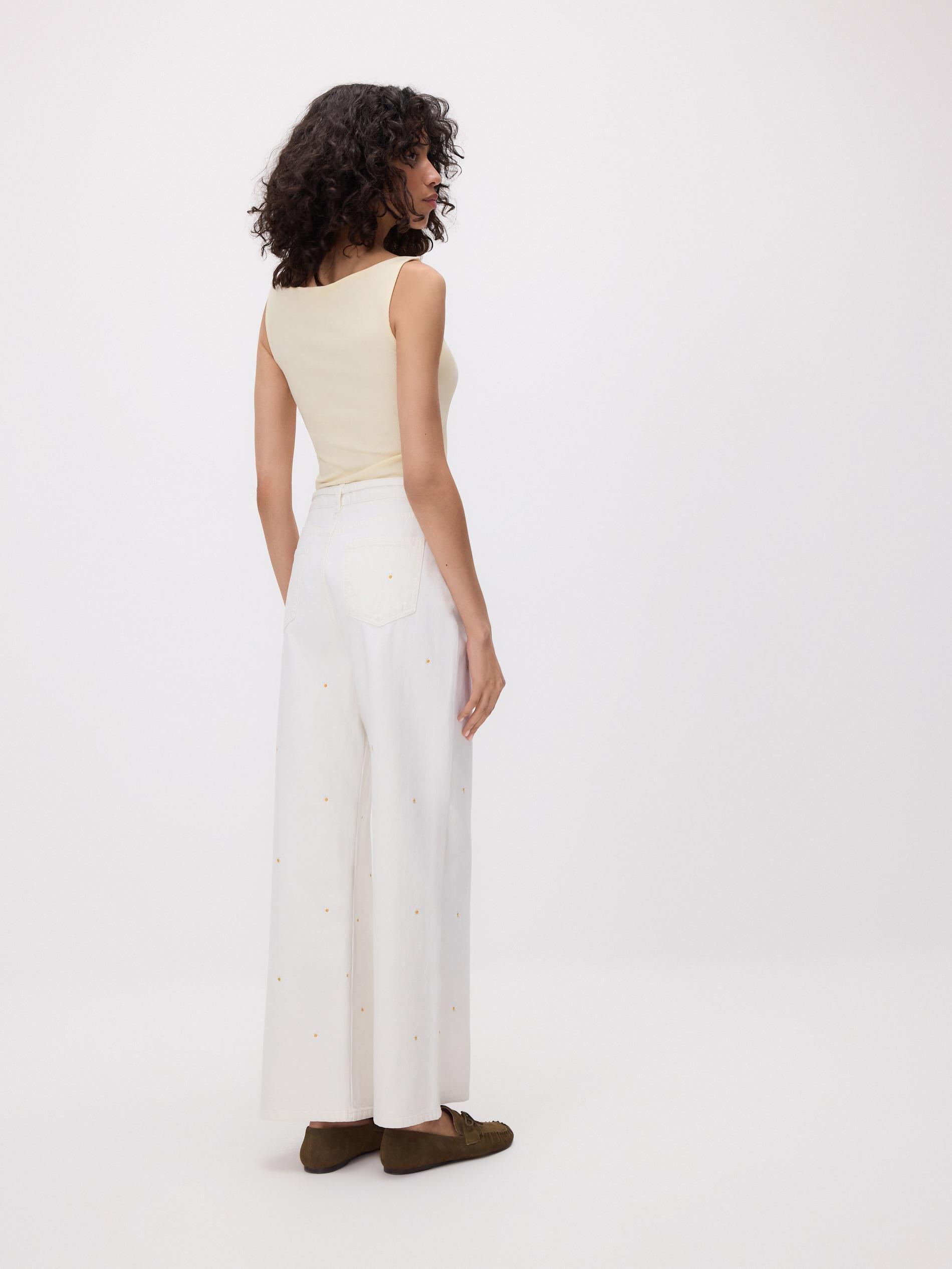 White Wide Leg Jeans With Embroidery Detailing, White, large image number 3