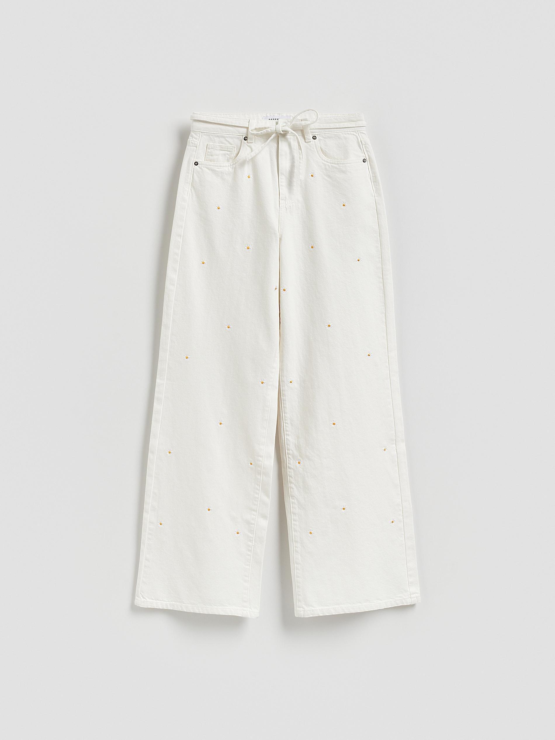 White Wide Leg Jeans With Embroidery Detailing, White, large image number 4