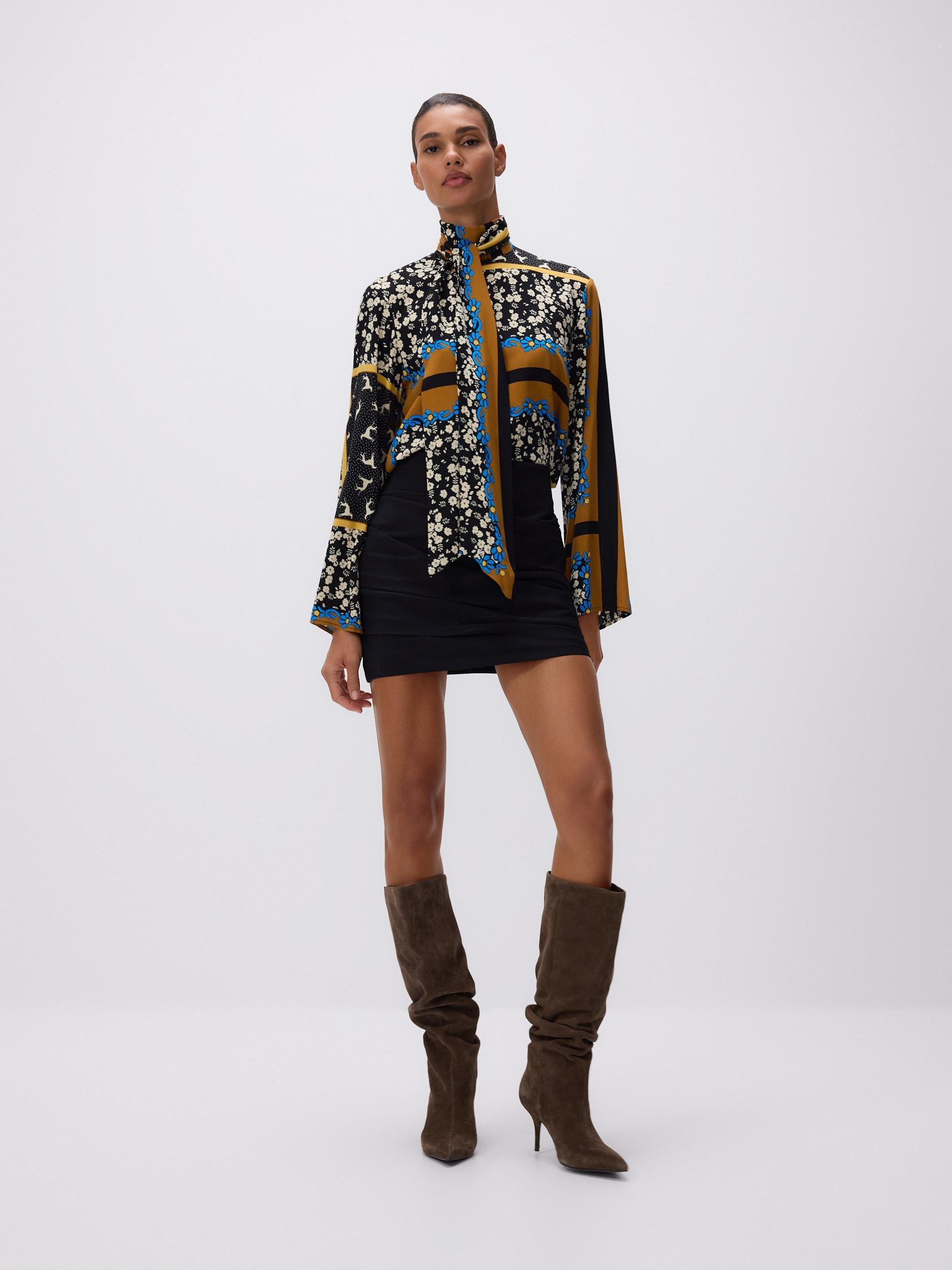 Multicolour Patterned Blouse With Tie, Multicolor, medium