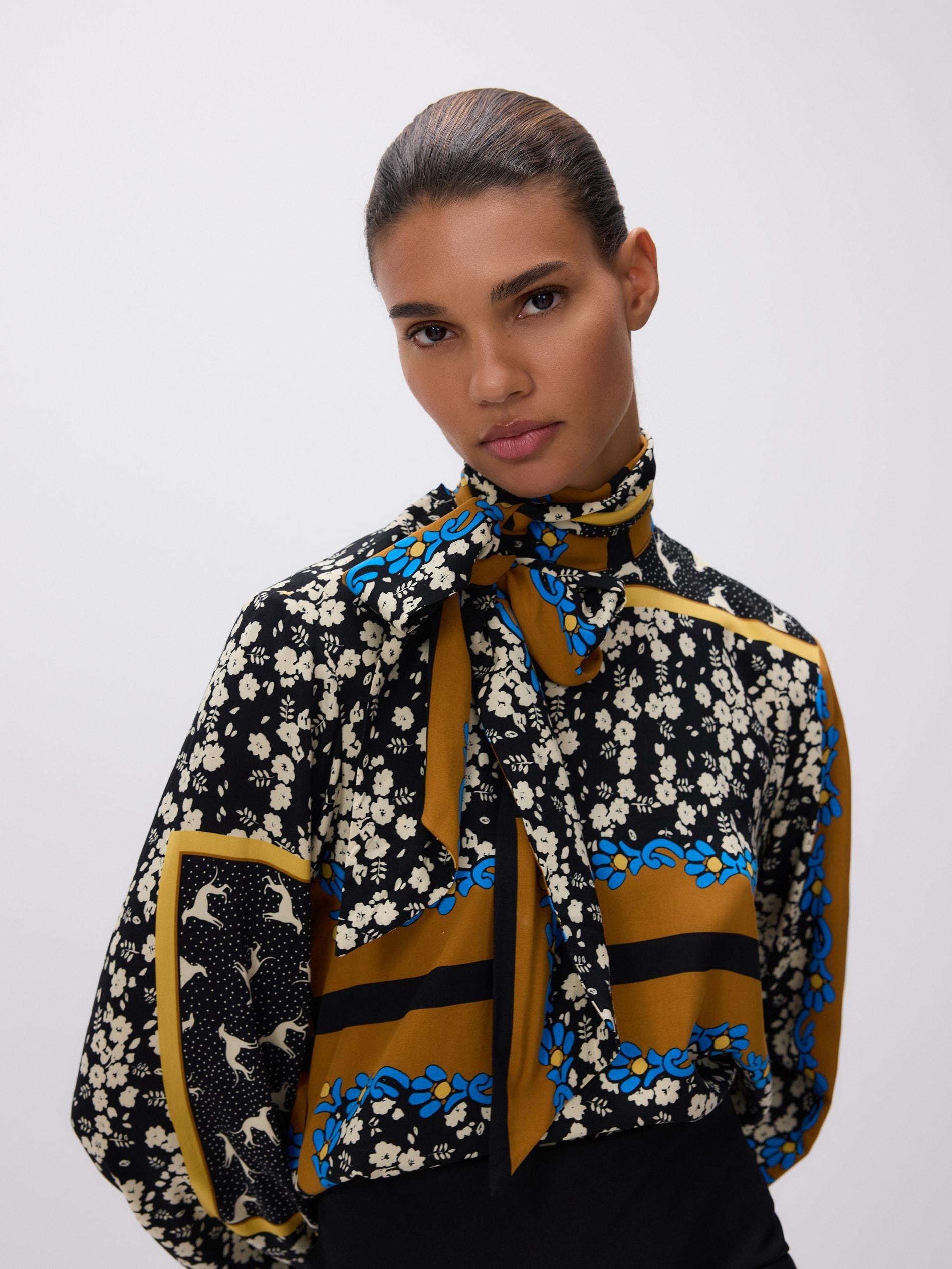 Multicolour Patterned Blouse With Tie, Multicolor, medium